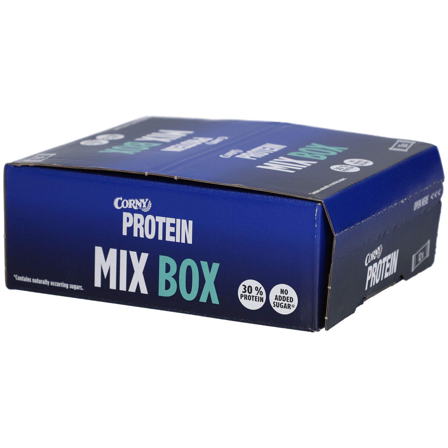 Blauer Karton mit CORNY Protein Mix Box-Logo. Enthält 30% Protein und keinen Zuckerzusatz.