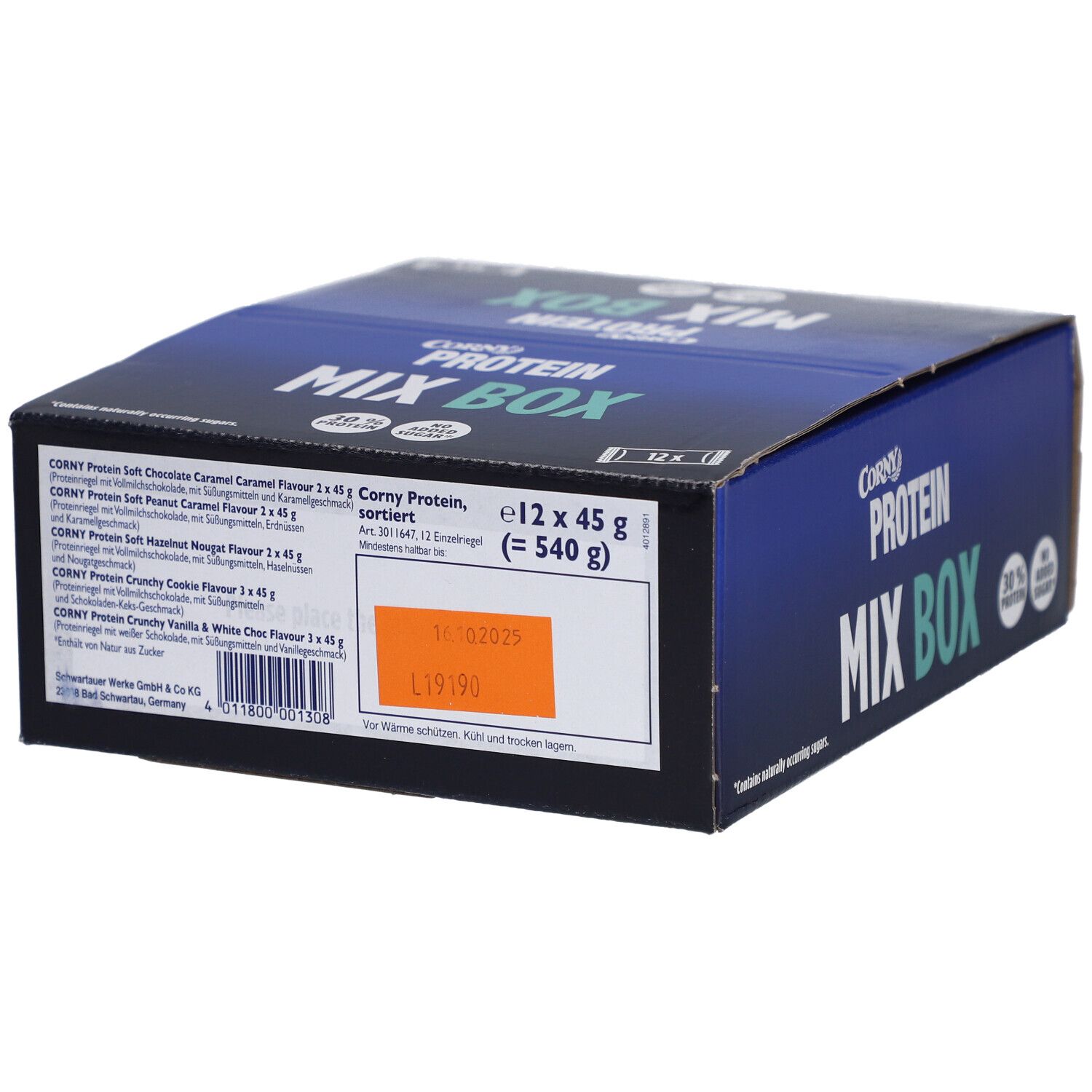 Blauer Karton mit CORNY Protein Mix Box-Logo. Enthält 12 Riegel, sortiert. Mit Zutatenliste und MHD.