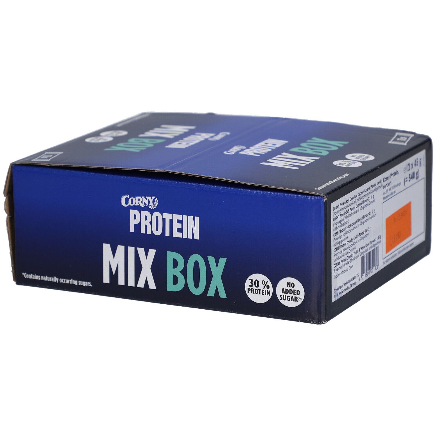 Blauer Karton mit CORNY Protein Mix Box-Logo. Enthält 30% Protein und keinen Zuckerzusatz.