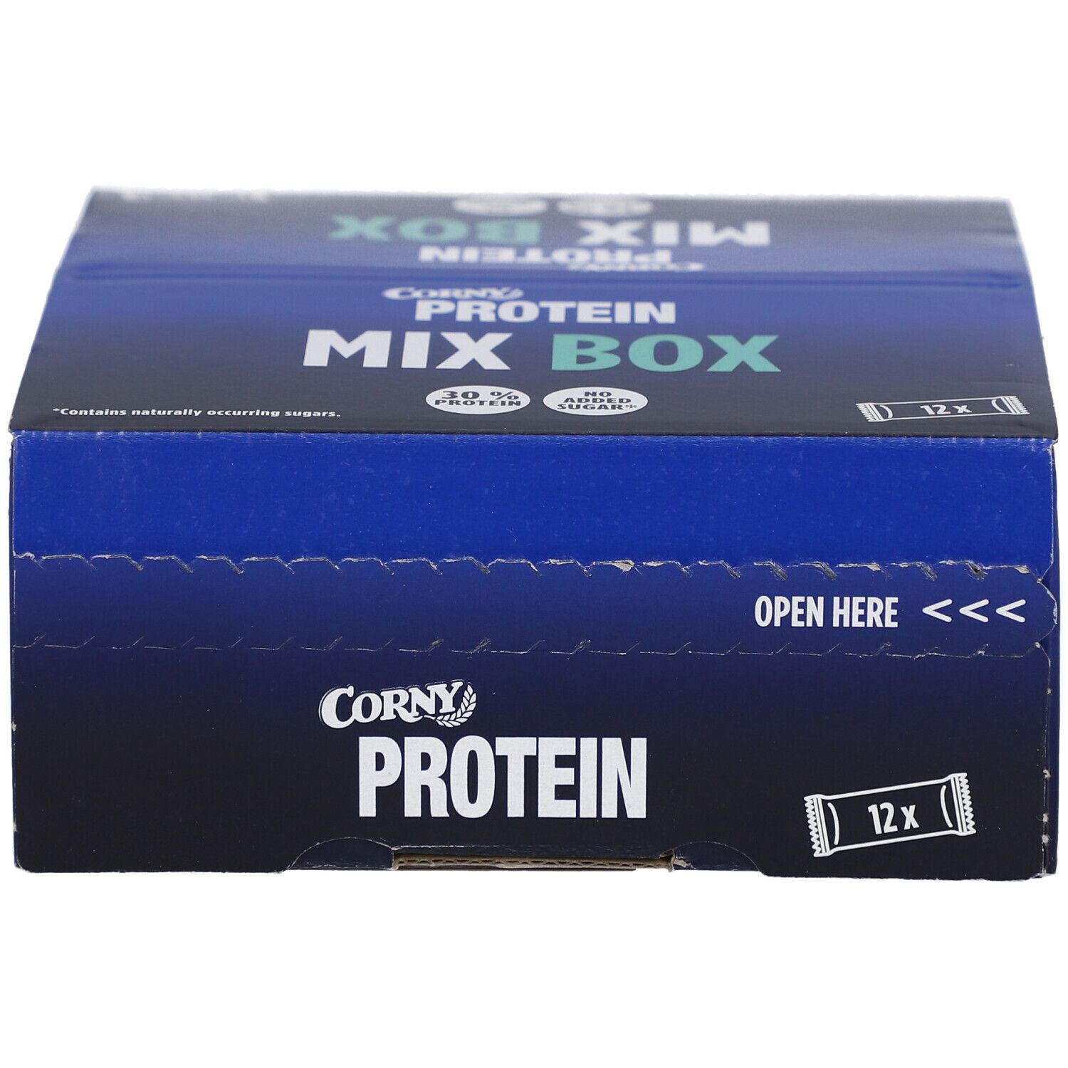 Blauer Karton mit CORNY Protein Mix Box-Logo. Enthält 12 Riegel. Aufschrift: Open Here.