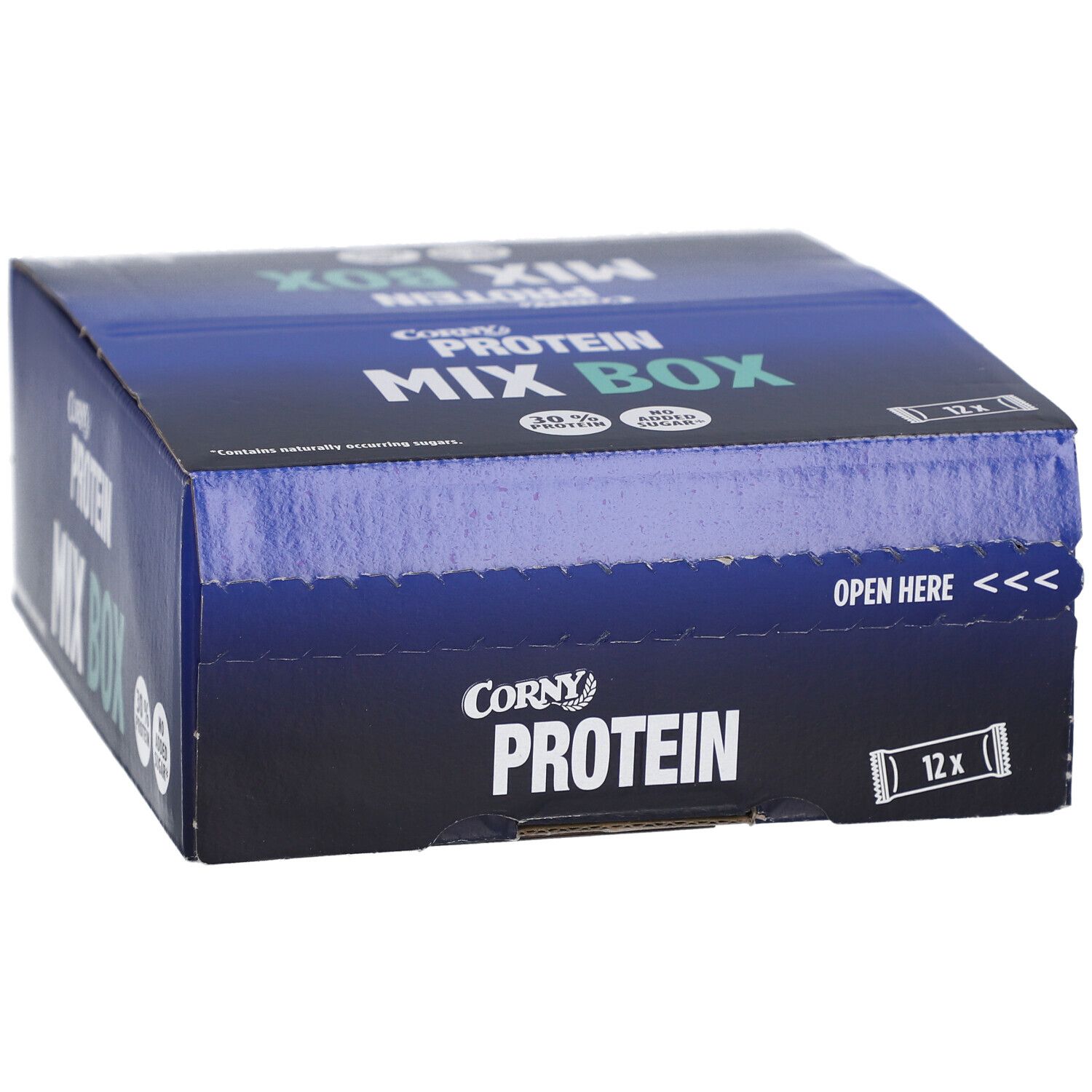 Blauer Karton mit CORNY Protein Mix Box-Logo. Enthält 12 Riegel. Aufschrift: Open Here.