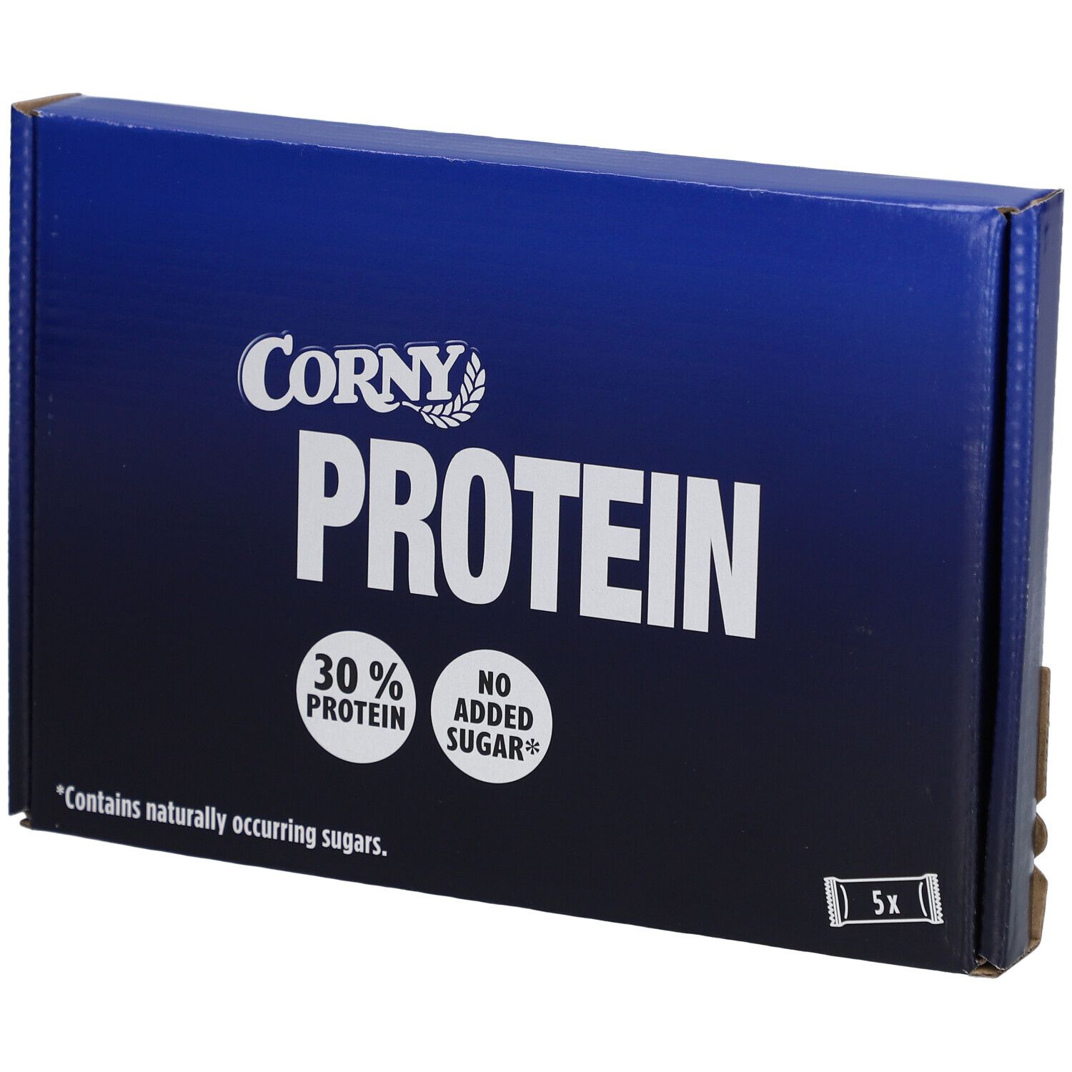 Blauer Karton mit "CORNY PROTEIN"-Logo. Enthält 30% Protein und keinen Zuckerzusatz. 5 Riegel.