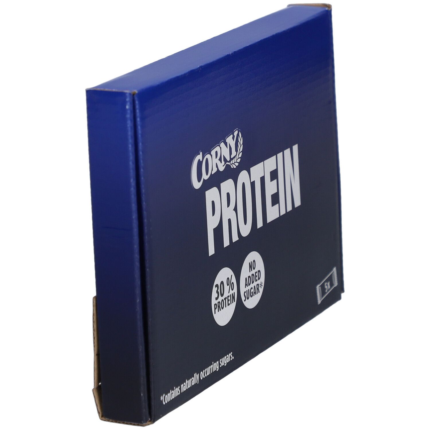Blaue Schachtel mit "CORNY PROTEIN"-Logo. 30% Protein, kein Zuckerzusatz. 5 Riegel. Perspektivische Ansicht.