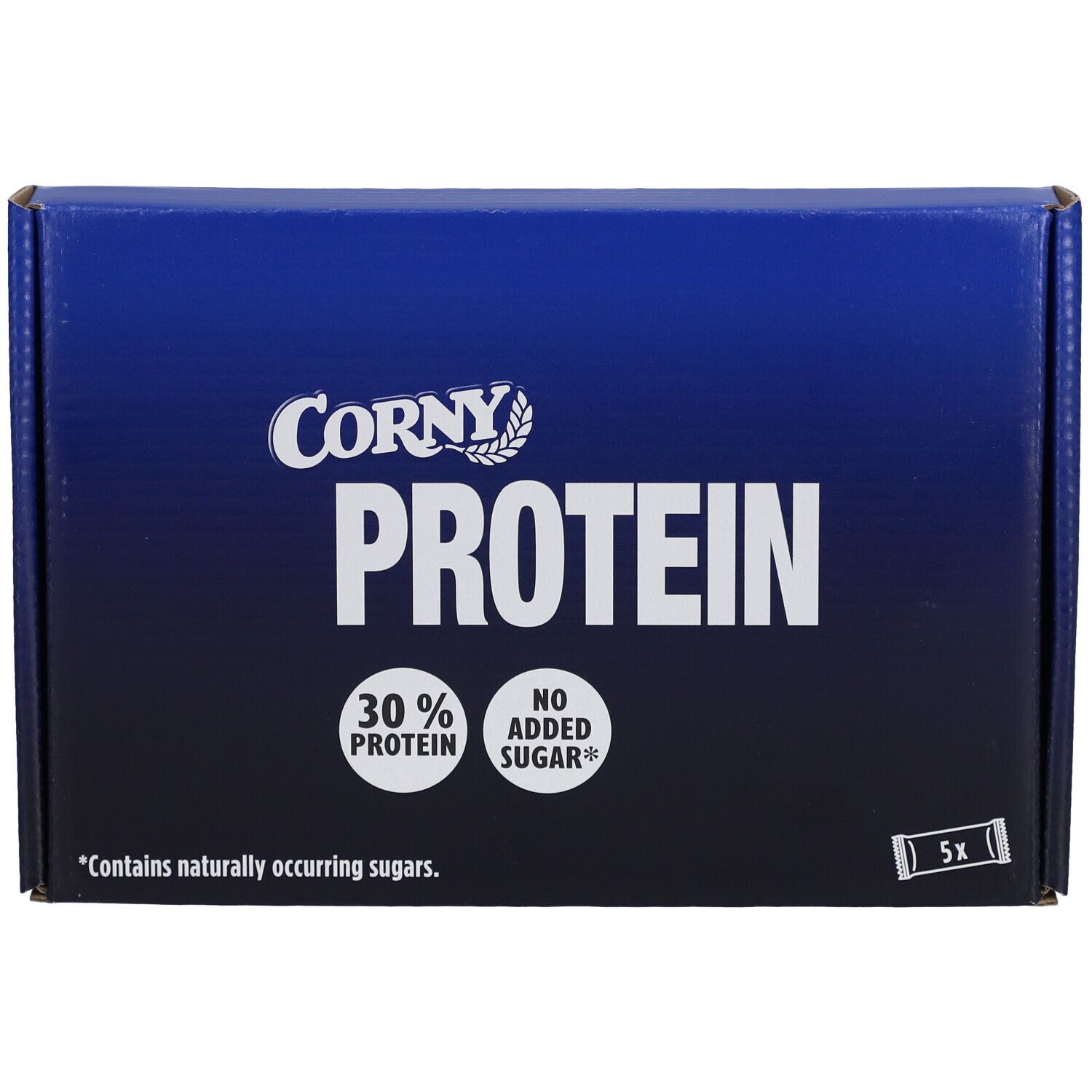 Blaue Schachtel mit "CORNY PROTEIN"-Logo. 30% Protein, kein Zuckerzusatz. 5 Riegel.