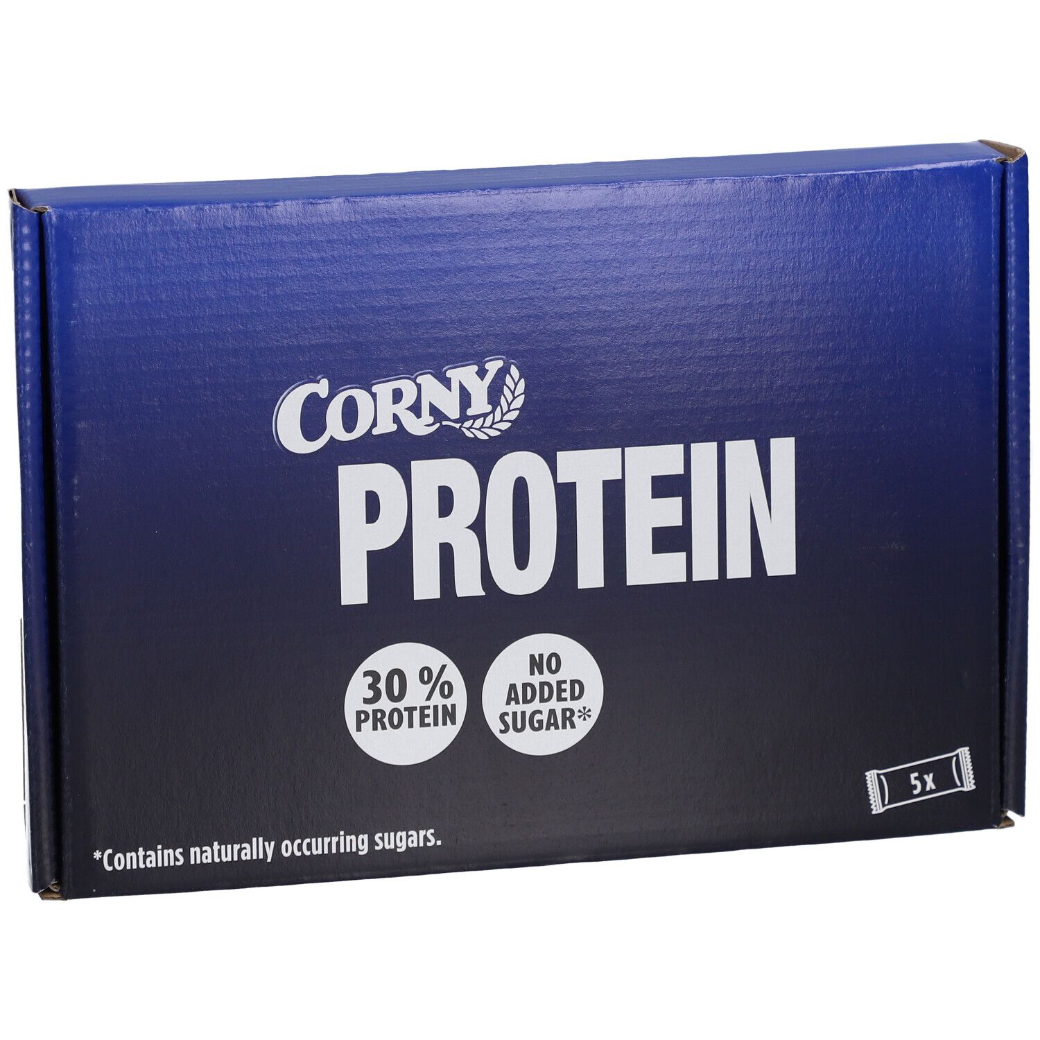 Blaue Schachtel mit "CORNY PROTEIN"-Logo. 30% Protein, kein Zuckerzusatz. 5 Riegel.