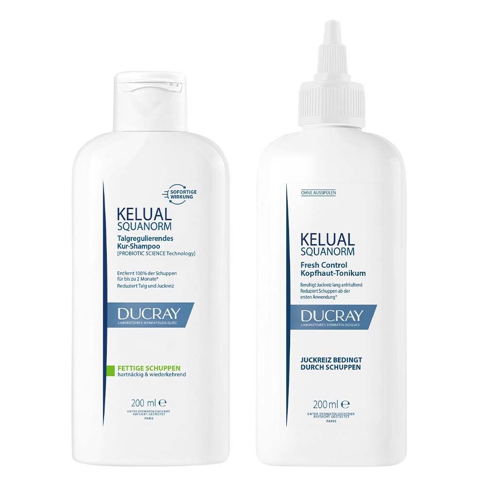 DUCRAY KELUAL SQUANORM Kopfhaut-Tonikum + Ducray KELUAL SQUANORM Shampoo Fettige Schuppen