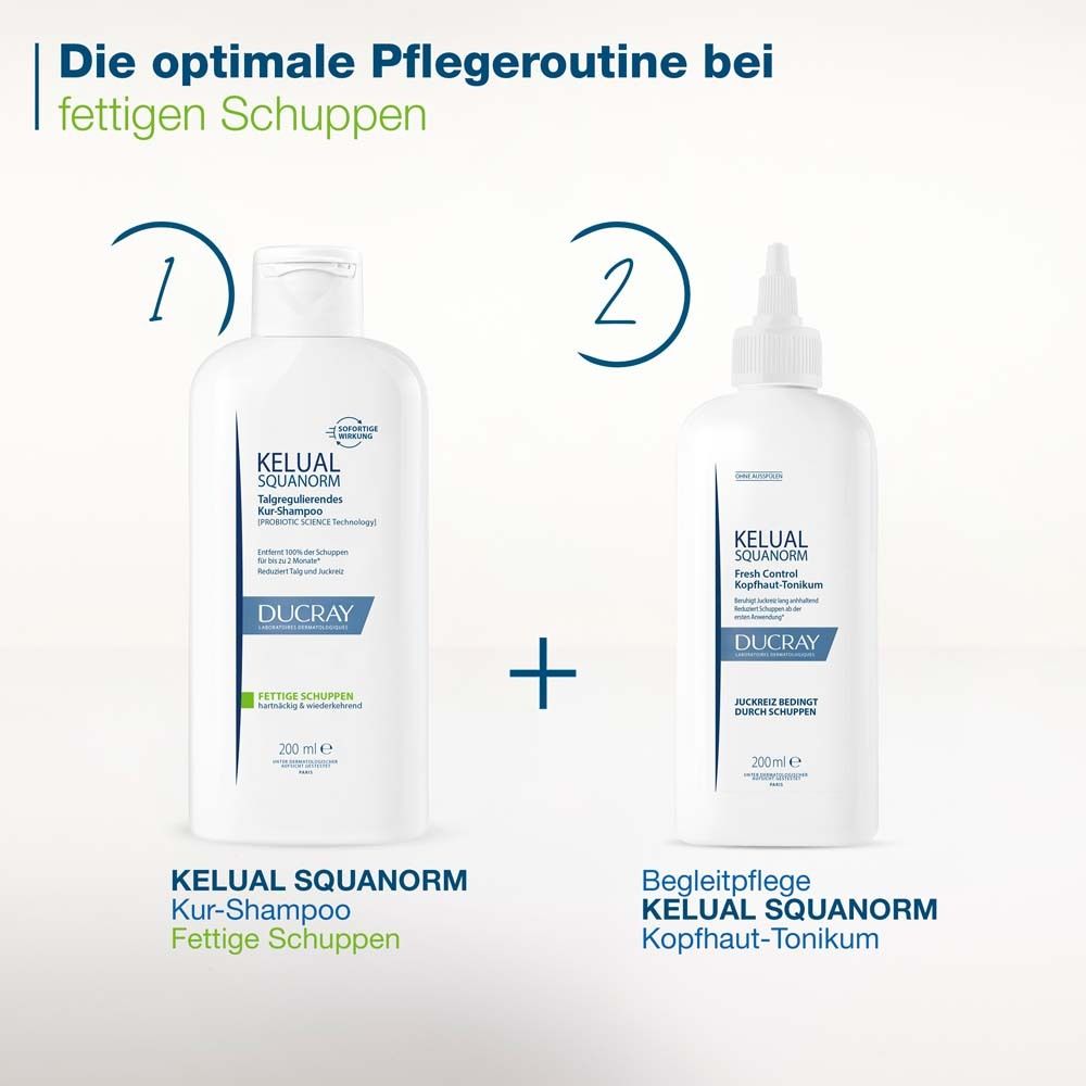DUCRAY KELUAL SQUANORM Kopfhaut-Tonikum + Ducray KELUAL SQUANORM Shampoo Fettige Schuppen