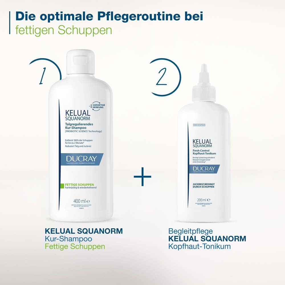 DUCRAY KELUAL SQUANORM Shampoo Fettige Schuppen + DUCRAY KELUAL SQUANORM Kopfhaut-Tonikum