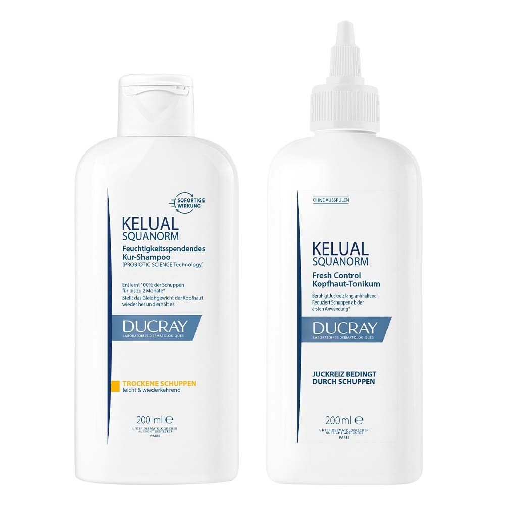 Ducray KELUAL SQUANORM Kopfhaut-Tonikum + DUCRAY KELUAL SQUANORM Shampoo Trockene Schuppen
