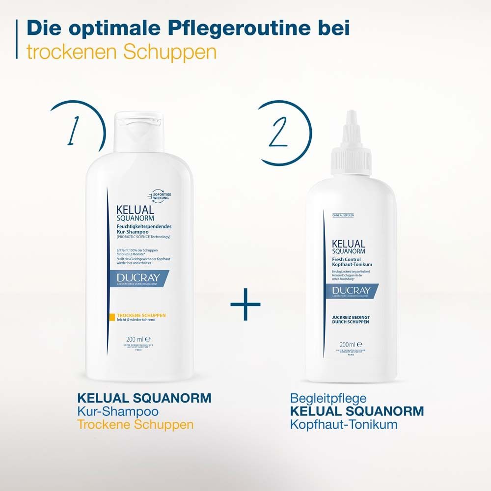 Ducray KELUAL SQUANORM Kopfhaut-Tonikum + DUCRAY KELUAL SQUANORM Shampoo Trockene Schuppen