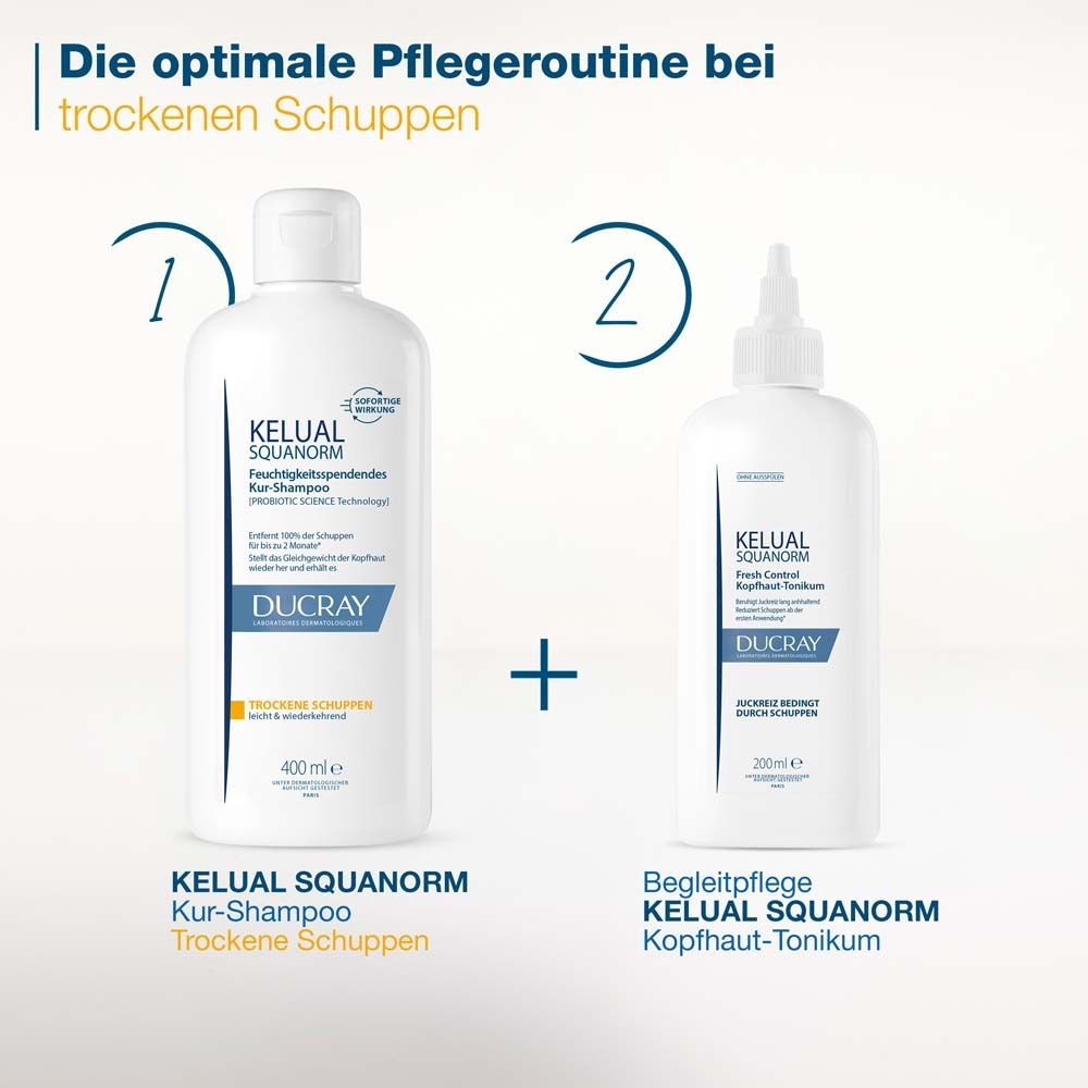 Ducray KELUAL SQUANORM Kopfhaut-Tonikum + DUCRAY KELUAL SQUANORM Shampoo Trockene Schuppen