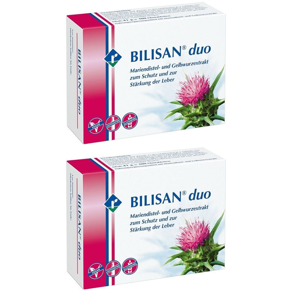Zwei weiße Kartons mit roter und blauer Verzierung. Aufschrift: BILISAN® duo, Mariendistel- und Gelbwurzextrakt.