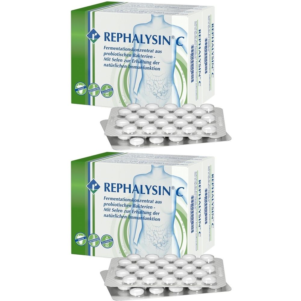 Zwei Packungen REPHALYSIN® C Tabletten mit Tablettenblistern. Aufdruck: Fermentationskonzentrat, probiotische Bakterien.