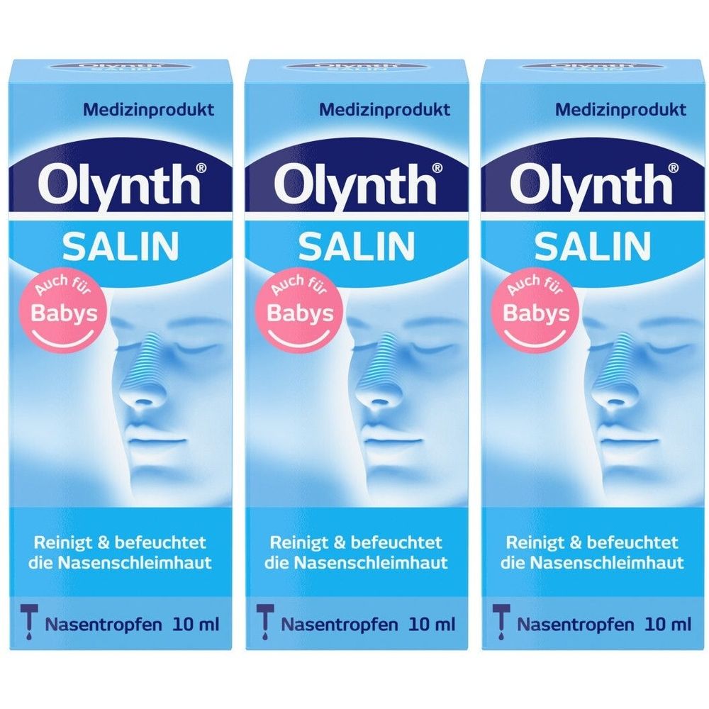 Drei blaue Schachteln mit Produktnamen Olynth Salin. Aufschrift: Auch für Babys. Text: Reinigt & befeuchtet die Nasenschleimhaut. Nasentropfen 10 ml.