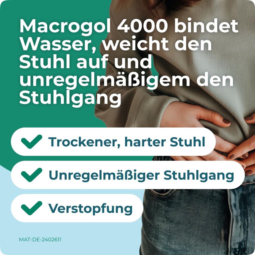 Text: Trockener, harter Stuhl, unregelmäßiger Stuhlgang, Verstopfung. Grüne Häkchen.