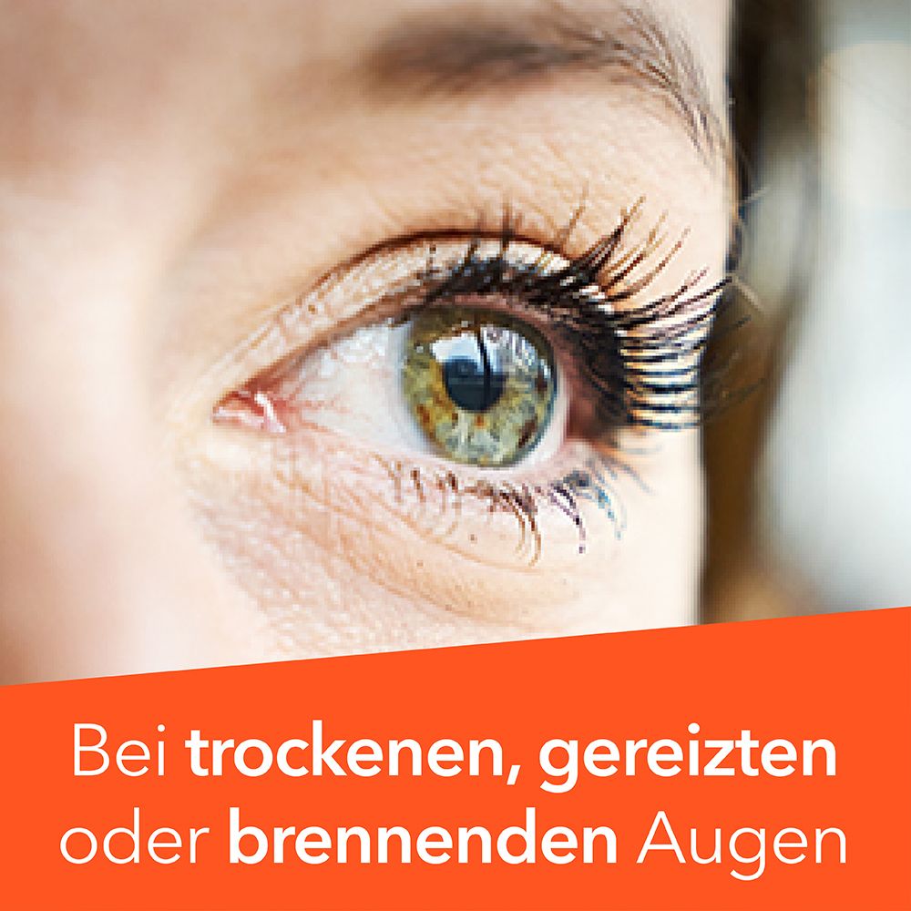 Nahaufnahme eines Auges. Unter dem Auge steht: Bei trockenen, gereizten oder brennenden Augen.