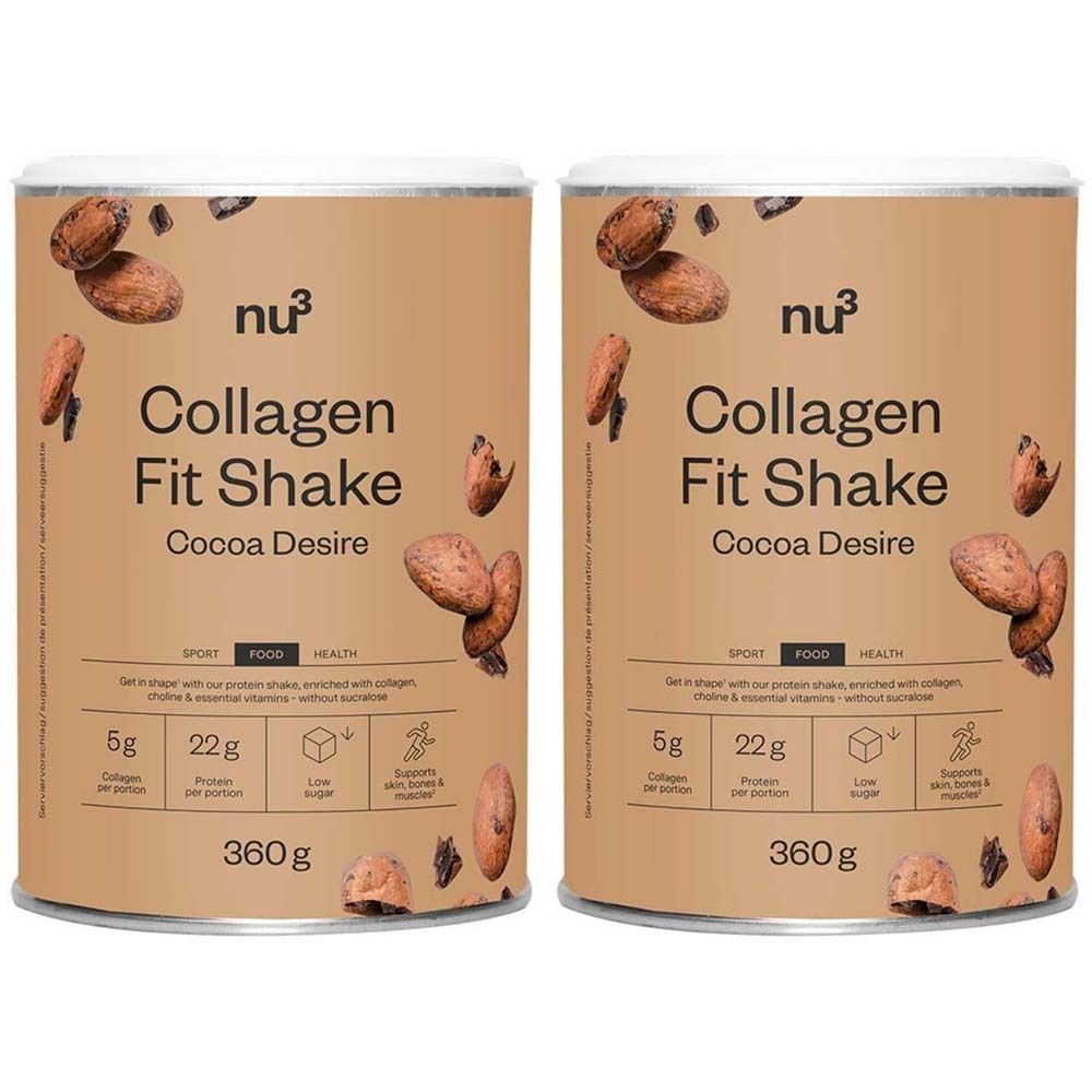 Zwei Dosen nu3 Collagen Fit Shake Kakao Verlangen. Braune Dosen mit weißem Deckel. Aufdruck mit Produktname, Nährwertangaben und Kakaobohnen.