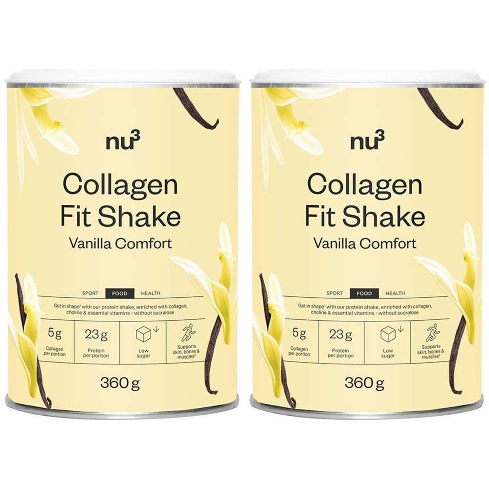 Zwei Dosen nu3 Collagen Fit Shake Vanille Komfort. Gelbe Dosen mit Produktinformationen und Vanille-Dekoration.