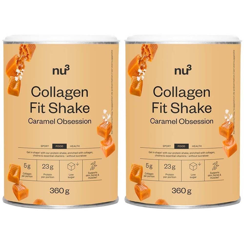 Zwei Dosen nu3 Collagen Fit Shake Karamell Obsession. Aufschrift: 5g Kollagen, 23g Protein, 360g. Karamellstücke.