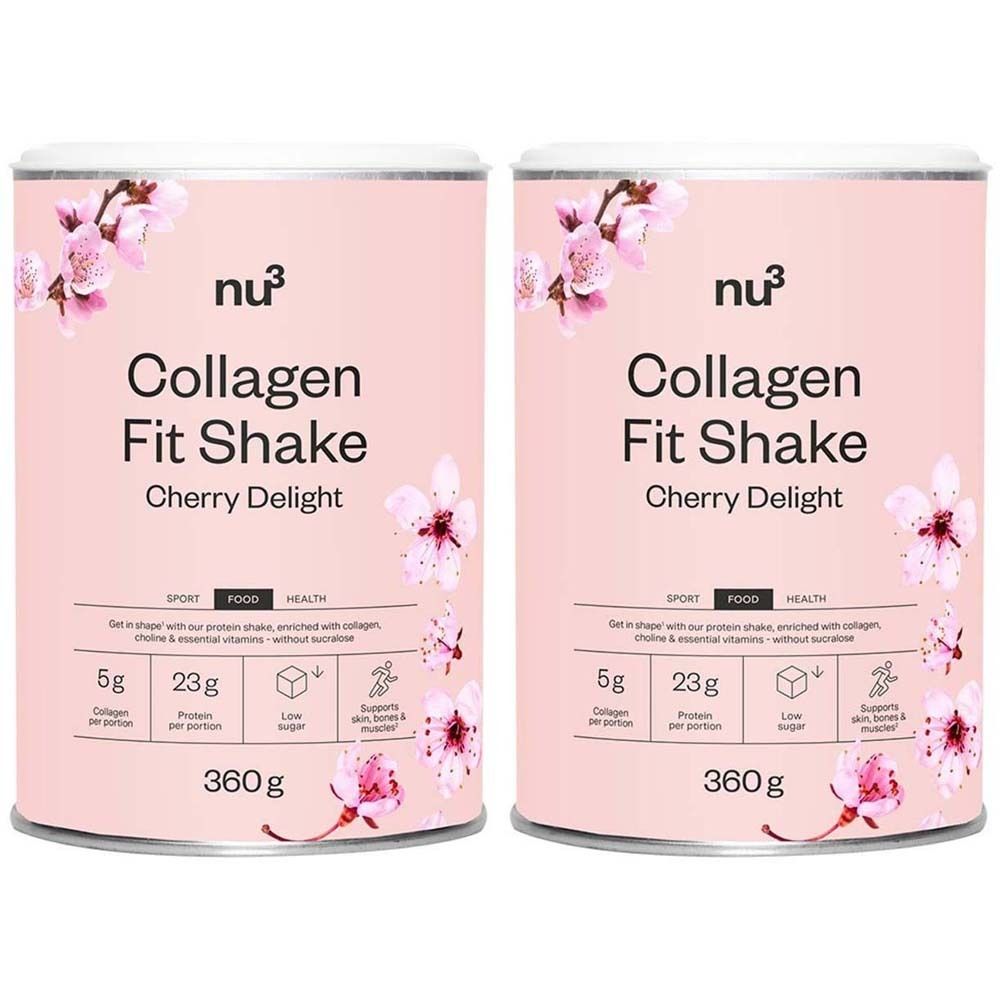 Zwei Dosen nu3 Collagen Fit Shake Kirschgenuss. Rosa Dosen mit floralem Design und Produktinformationen. 360g.