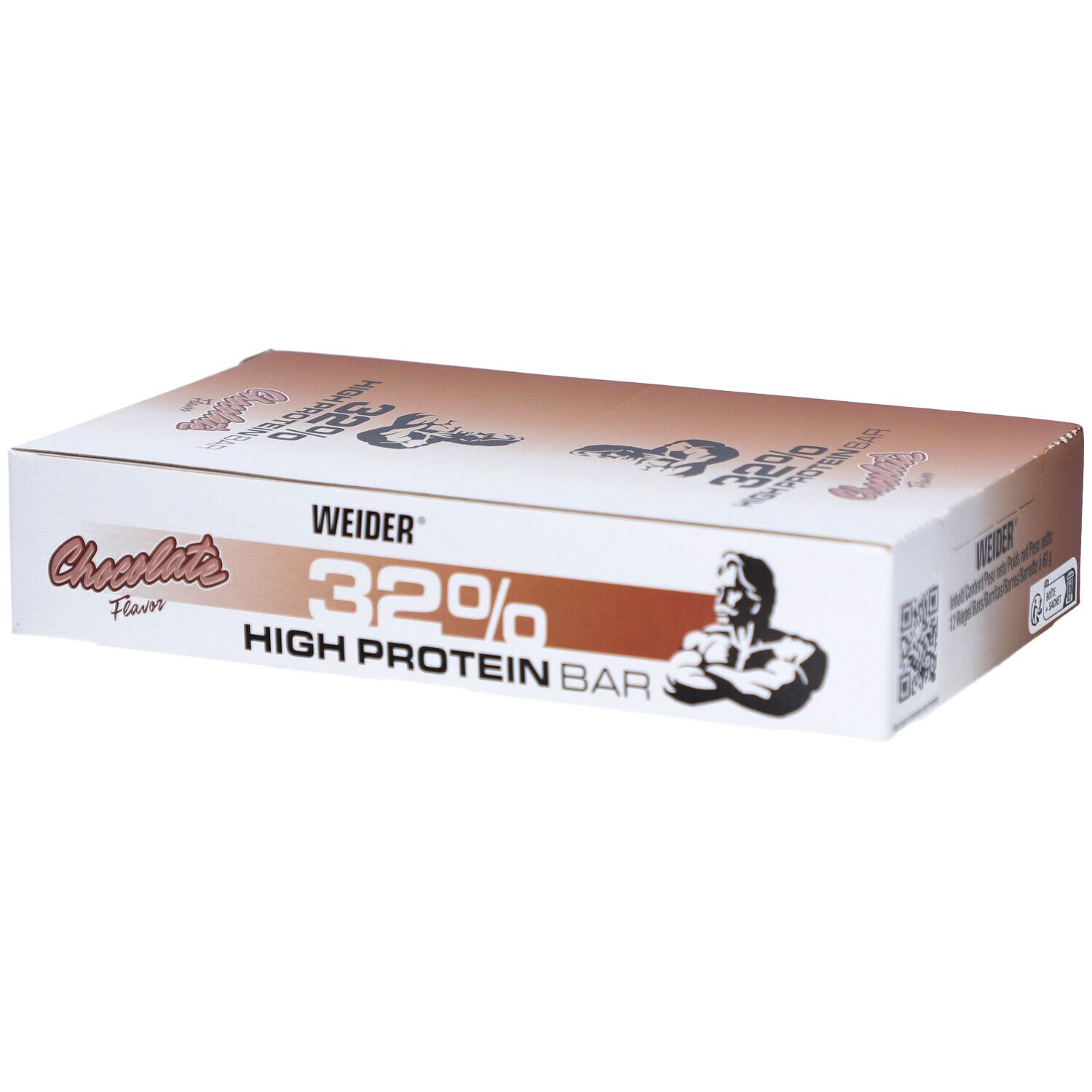 Weider 32% High Protein Bar-Box. Weiße Verpackung mit braunen Akzenten. Aufdruck: 32%, Schoko-Geschmack, Weider-Logo und Muskelmann. QR-Code.