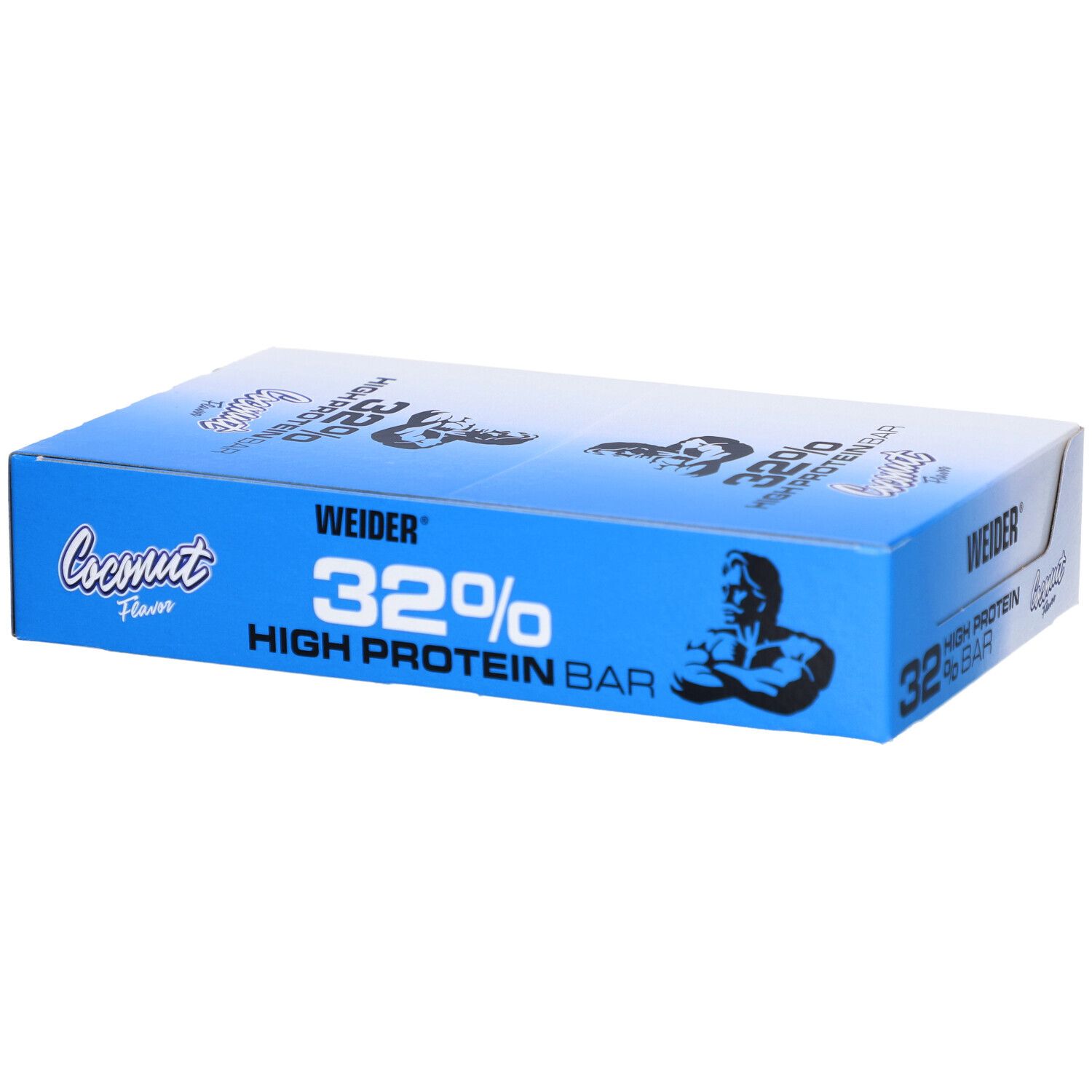 Blaue Box mit Weider 32% High Protein Bar. Aufschrift: 32% High Protein Bar, Weider, Kokos-Geschmack. Abbildung eines Mannes.