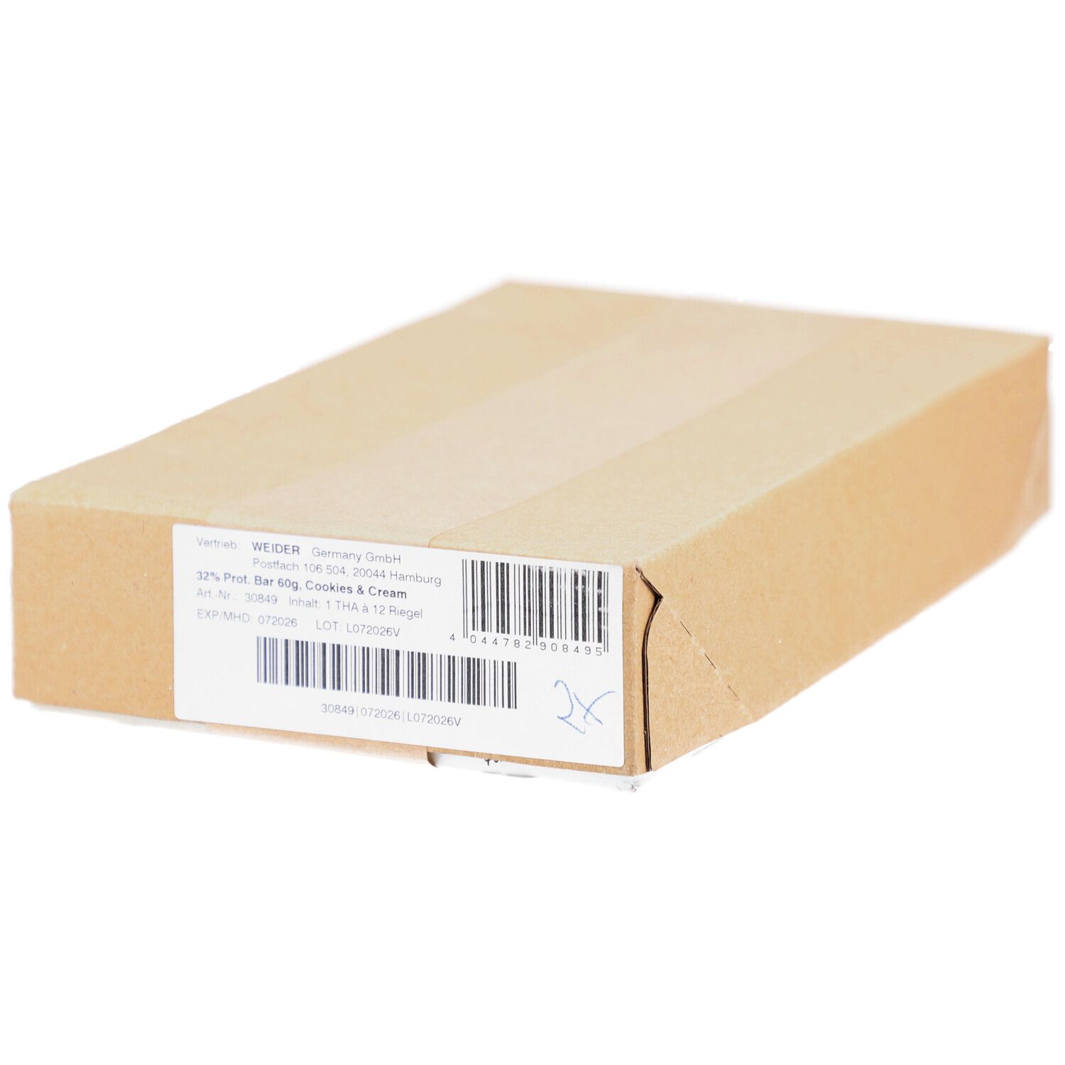 Kartonverpackung. Aufkleber mit Produktinformationen. Aufschrift: 32% Prot. Bar 60g, Cookies & Cream. Barcode.