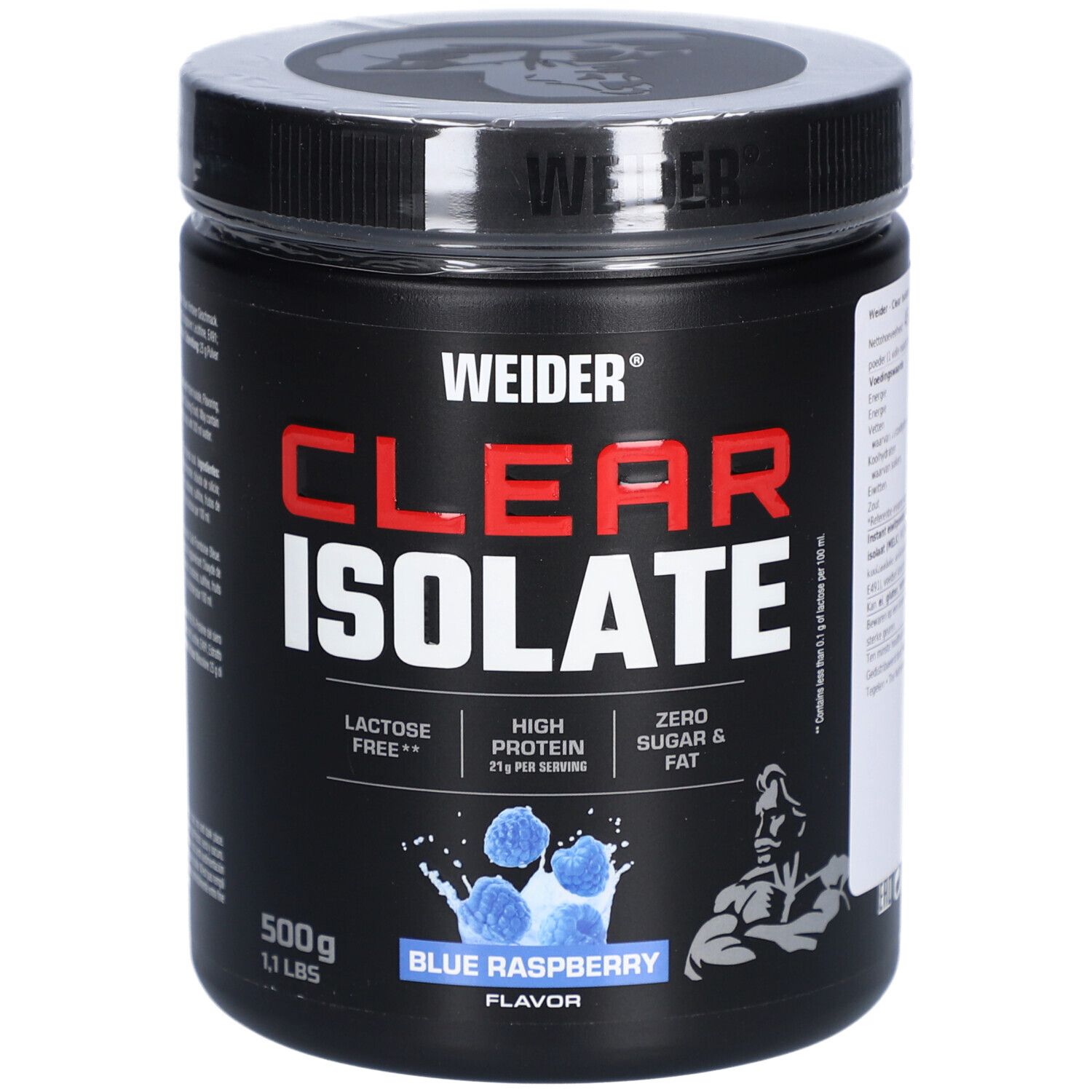 Schwarze Dose mit roter Aufschrift "CLEAR ISOLATE". Blaue Himbeer-Geschmacksrichtung. Marke: WEIDER. 500g.