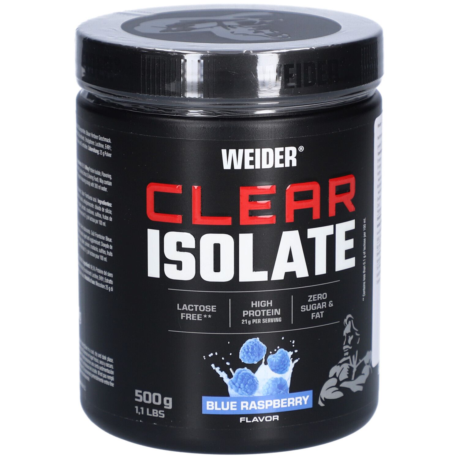 Schwarze Dose mit roter Aufschrift "CLEAR ISOLATE". Blaue Himbeer-Geschmacksrichtung. Marke: WEIDER. 500g.