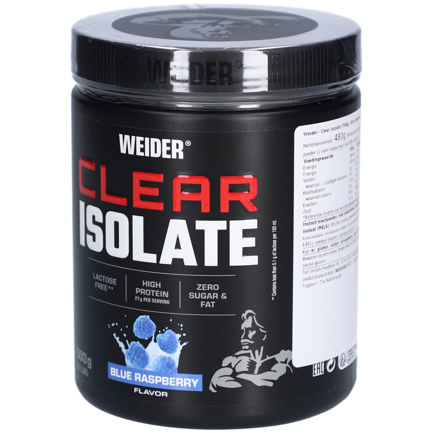 Schwarze Dose mit roter Aufschrift "CLEAR ISOLATE". Blaue Himbeer-Geschmacksrichtung. Marke: WEIDER. 500g.