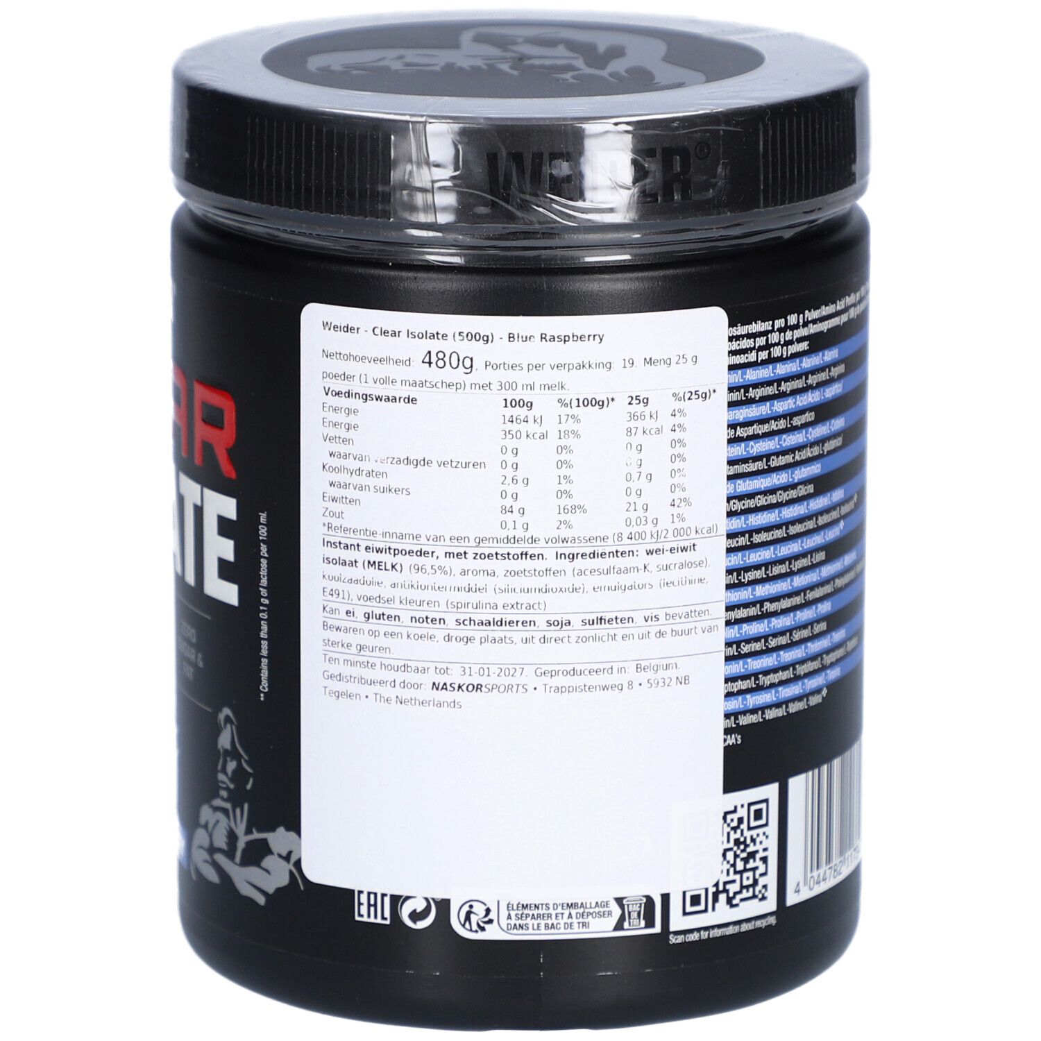 Rückseite der schwarzen Dose. Enthält Informationen zu Inhaltsstoffen und Nährwerten. Marke: WEIDER. 500g. Blaue Himbeere.