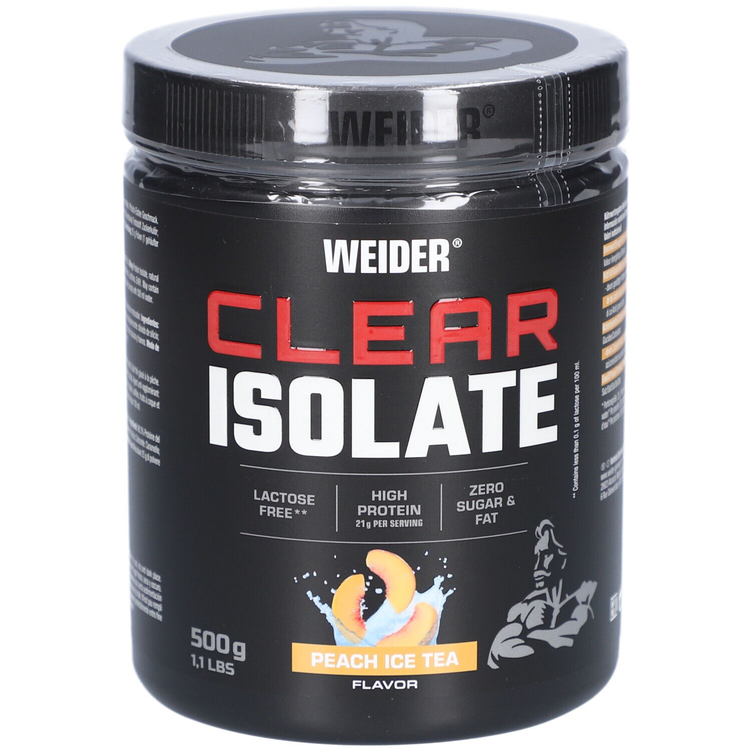 Schwarze Dose mit "WEIDER" und "CLEAR ISOLATE" Aufdruck. Enthält 500g. Geschmack: Peach Ice Tea. Enthält 21g Protein pro Portion.