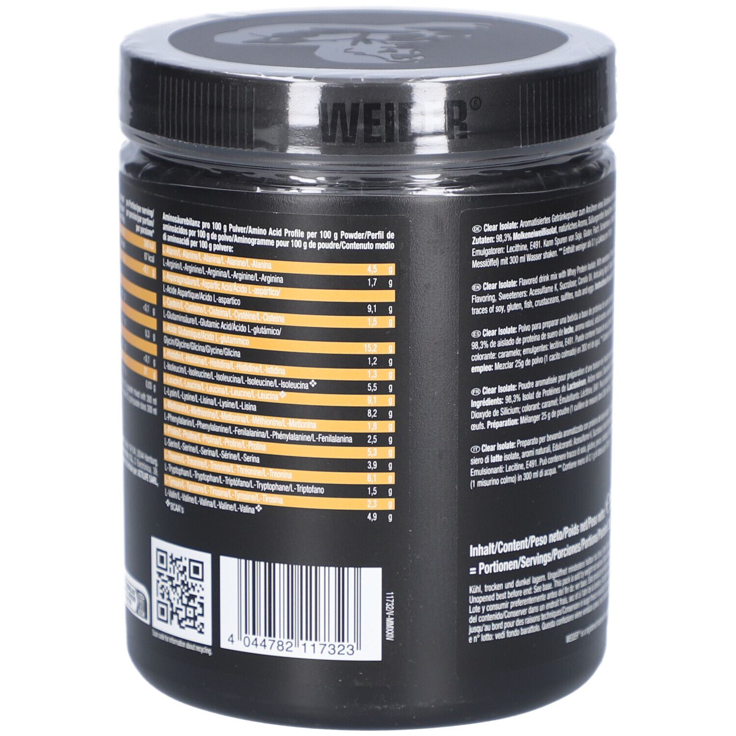 Detailansicht der Nährwerttabelle auf der Rückseite der Dose. Enthält Informationen zu Aminosäuren und Nährwerten.