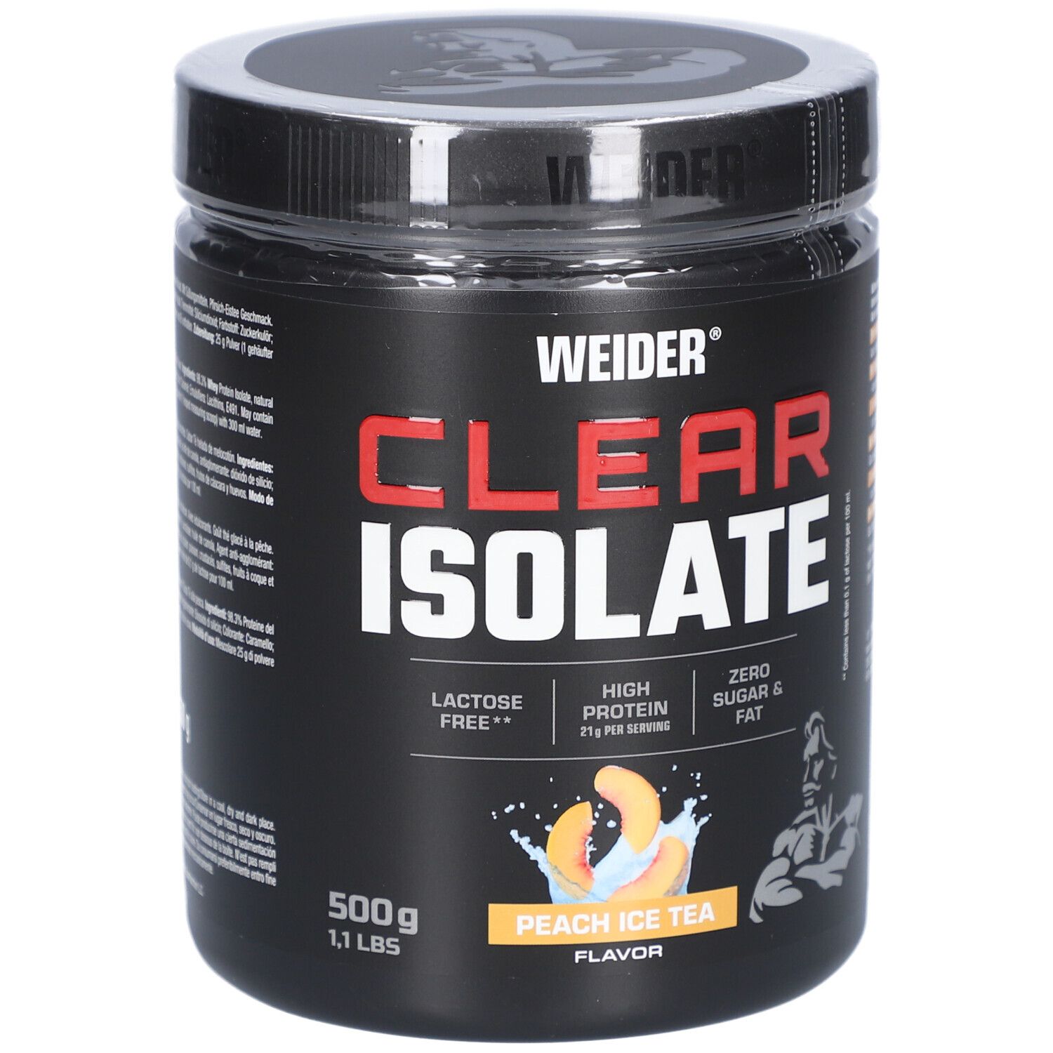 Schwarze Dose mit "WEIDER" und "CLEAR ISOLATE" Aufdruck. Enthält 500g. Geschmack: Peach Ice Tea. 21g Protein pro Portion.