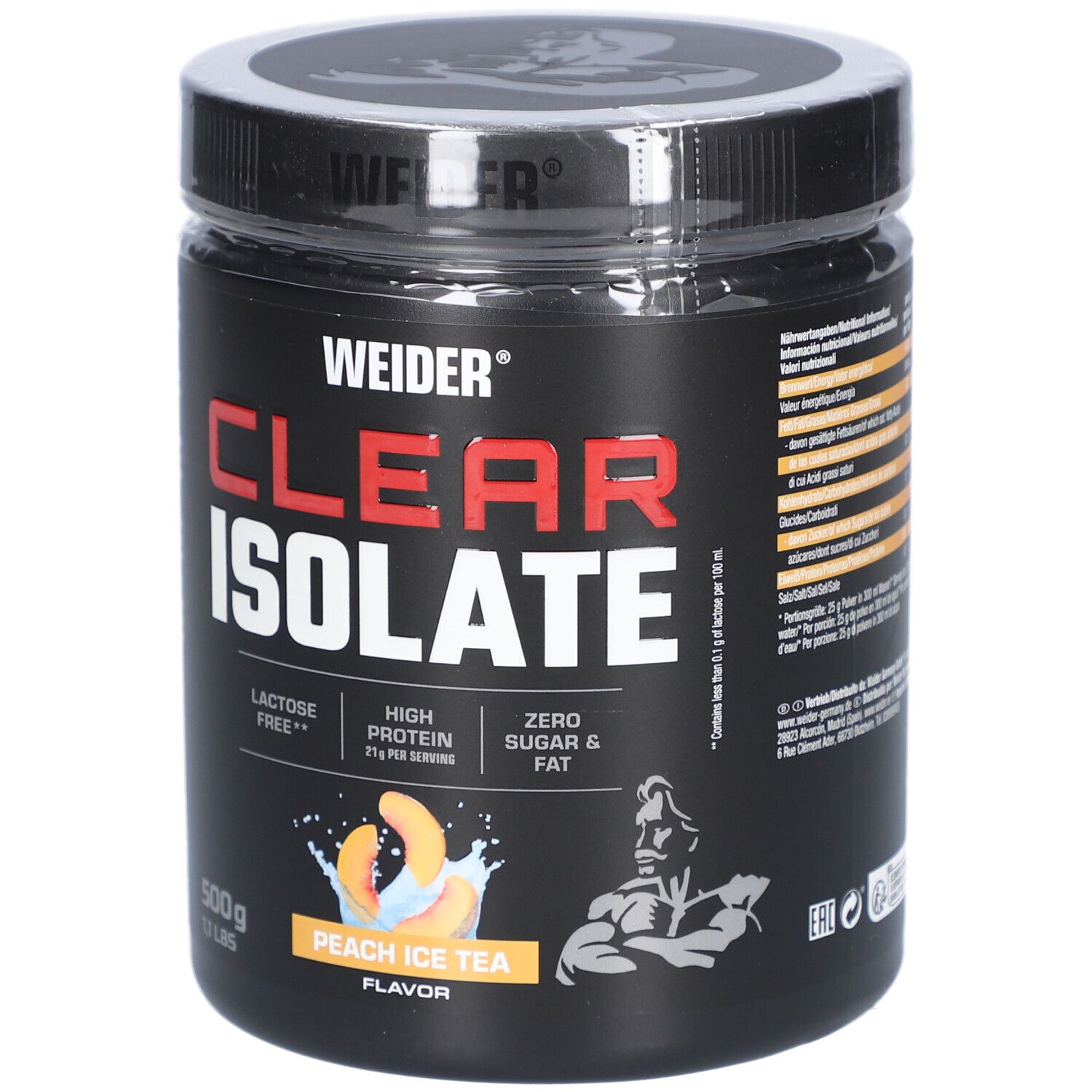 Schwarze Dose mit "WEIDER" und "CLEAR ISOLATE" Aufdruck. Enthält 500g. Geschmack: Peach Ice Tea. 21g Protein pro Portion.