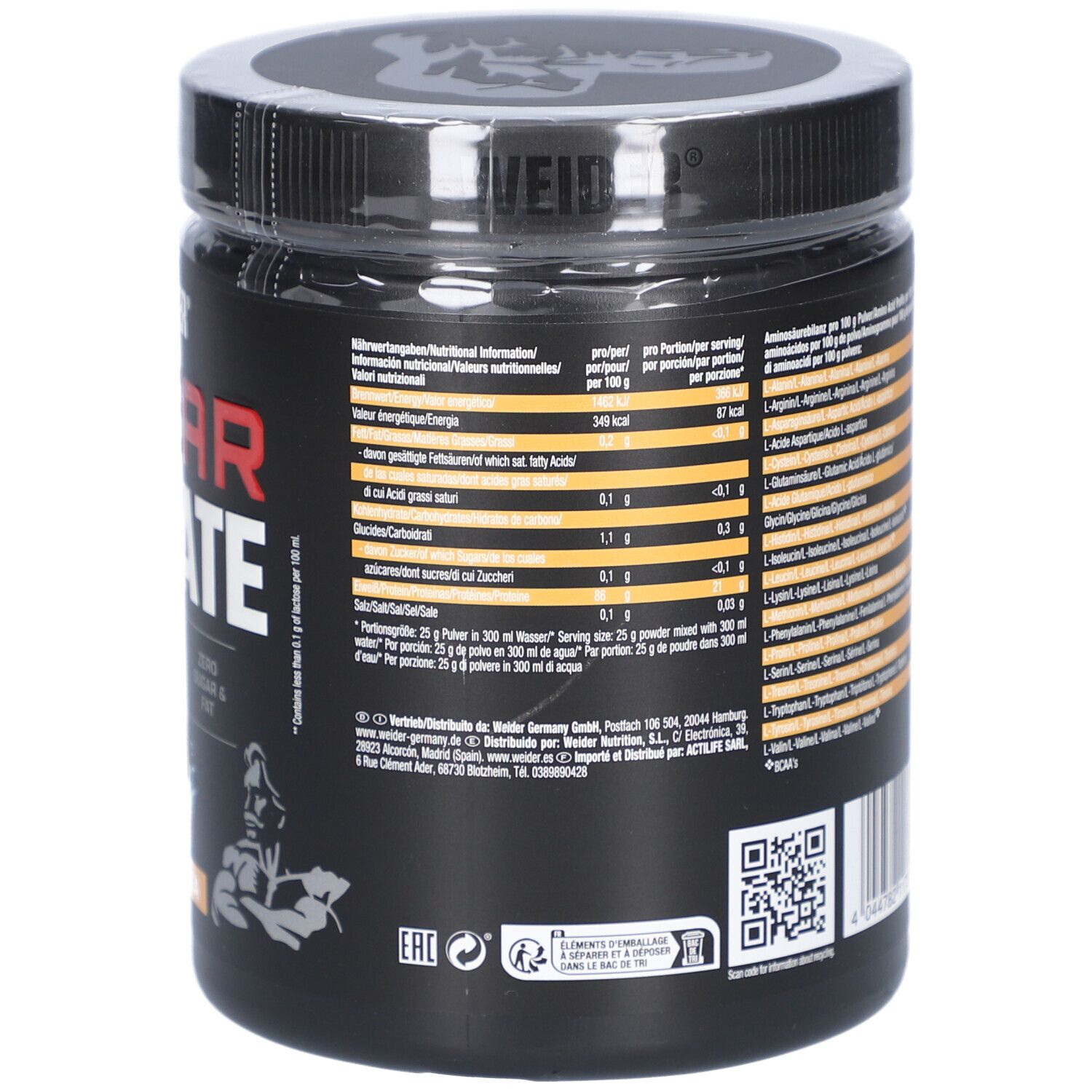 Rückseite der schwarzen Dose. Enthält Informationen zu Inhaltsstoffen und Nährwerten. Gewicht: 500g. Herstellerinformationen.