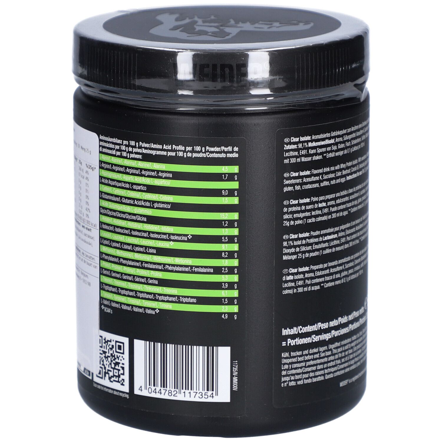 Rückseite der Dose mit Nährwertangaben. Enthält Informationen zu Aminosäuren. QR-Code und Barcode.