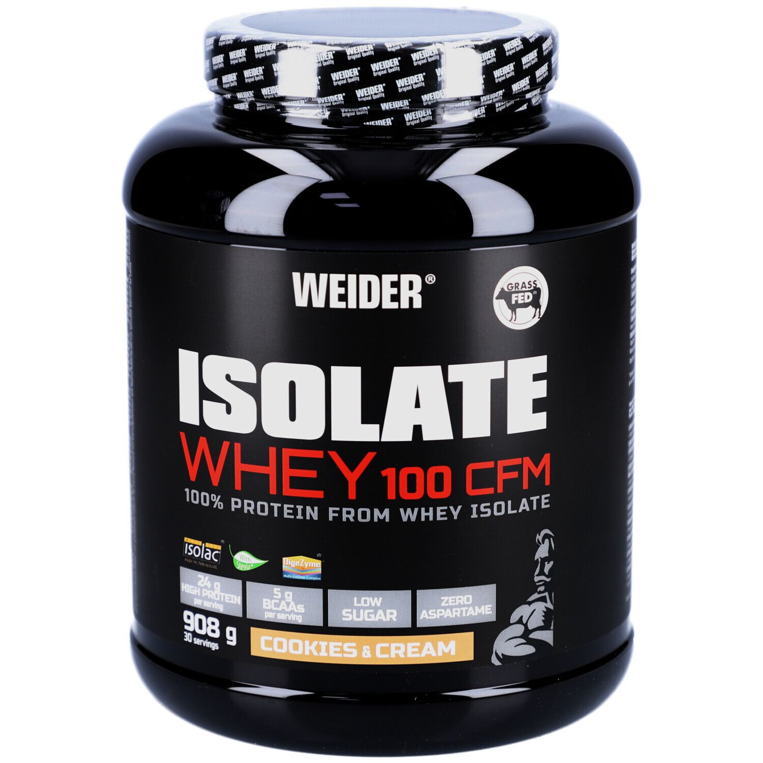 Schwarze Dose mit weißem Deckel. Aufschrift: WEIDER ISOLATE WHEY 100 CFM. Geschmack: Cookies & Cream. Enthält 908g.
