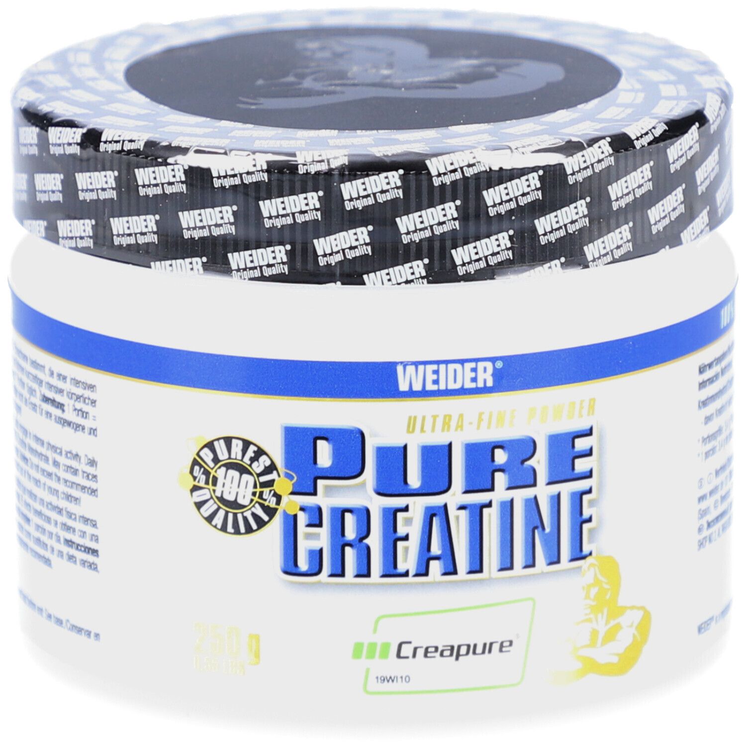 Weider Pure Creatine (250g) Dose. Weiß-blaue Dose mit Aufschrift Pure Creatine und Creapure-Logo. 100% reines Kreatin.