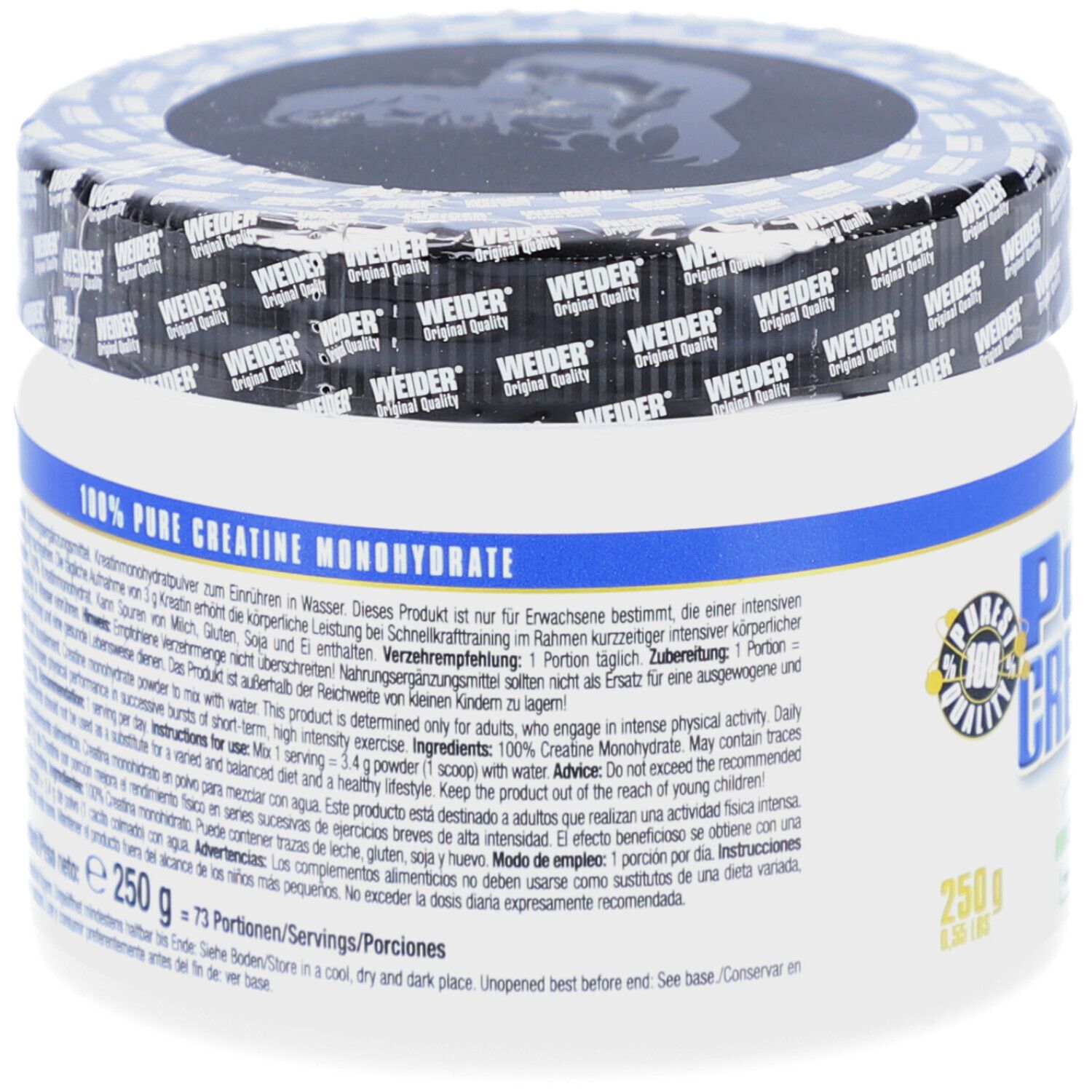 Rückseite der Weider Pure Creatine Dose (250g). Enthält Informationen zu Inhaltsstoffen, Anwendung und Warnhinweisen. 100% reines Kreatin Monohydrat.
