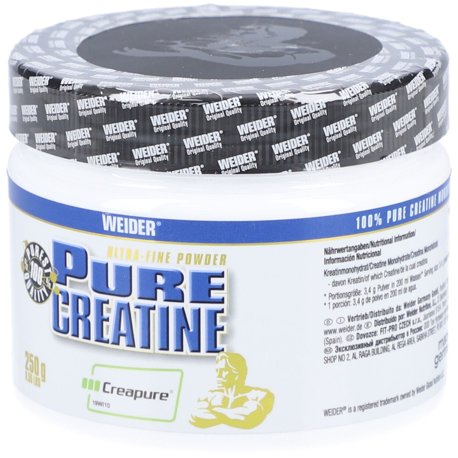 Weider Pure Creatine (250g) Dose. Weiß-blaue Dose mit Aufschrift Pure Creatine und Creapure-Logo. 100% reines Kreatin.