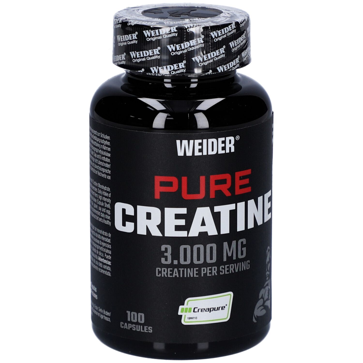 Schwarze Flasche mit Kapseln. Aufschrift: WEIDER, PURE CREATINE, 3.000 MG. 100 Kapseln. Creapure-Logo.