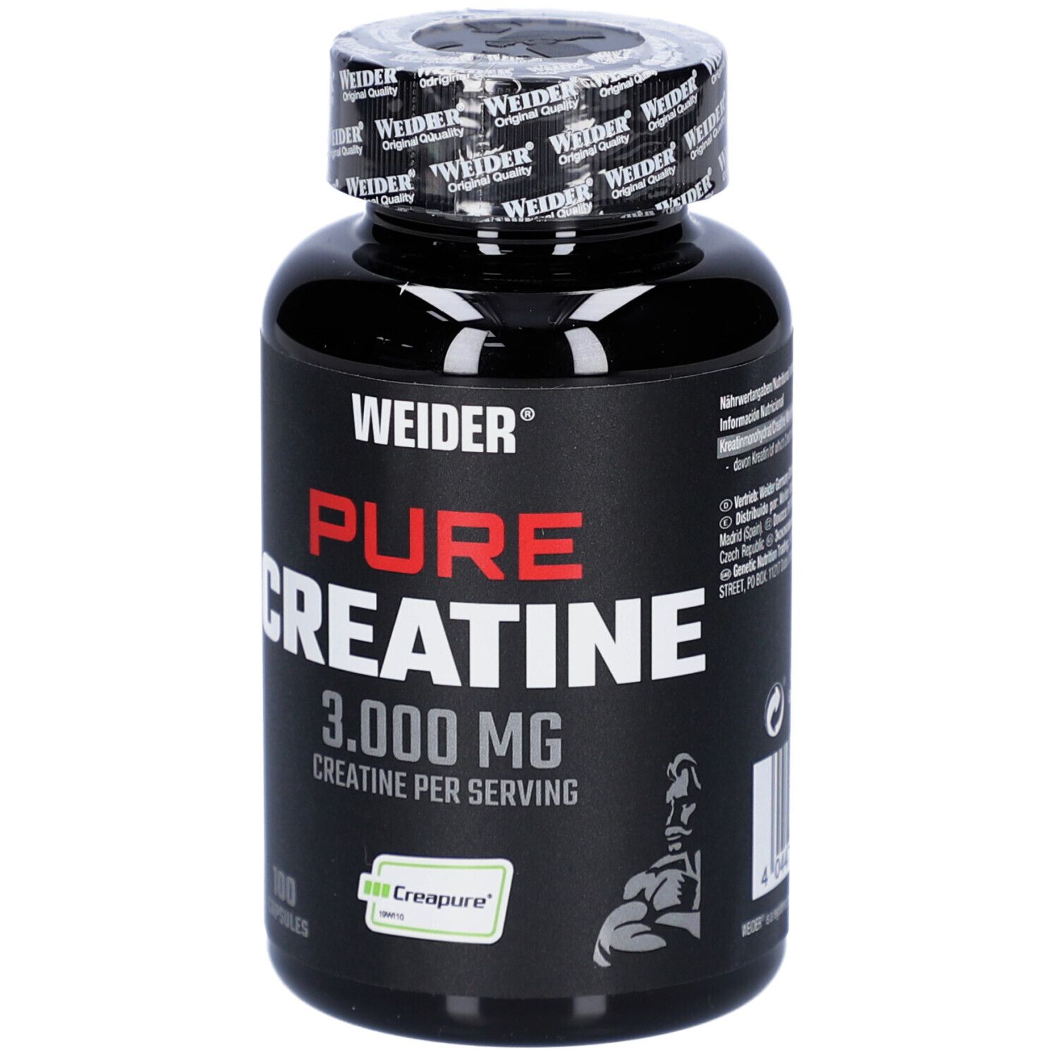 Schwarze Flasche mit Kapseln. Aufschrift: WEIDER, PURE CREATINE, 3.000 MG. 100 Kapseln. Creapure-Logo.