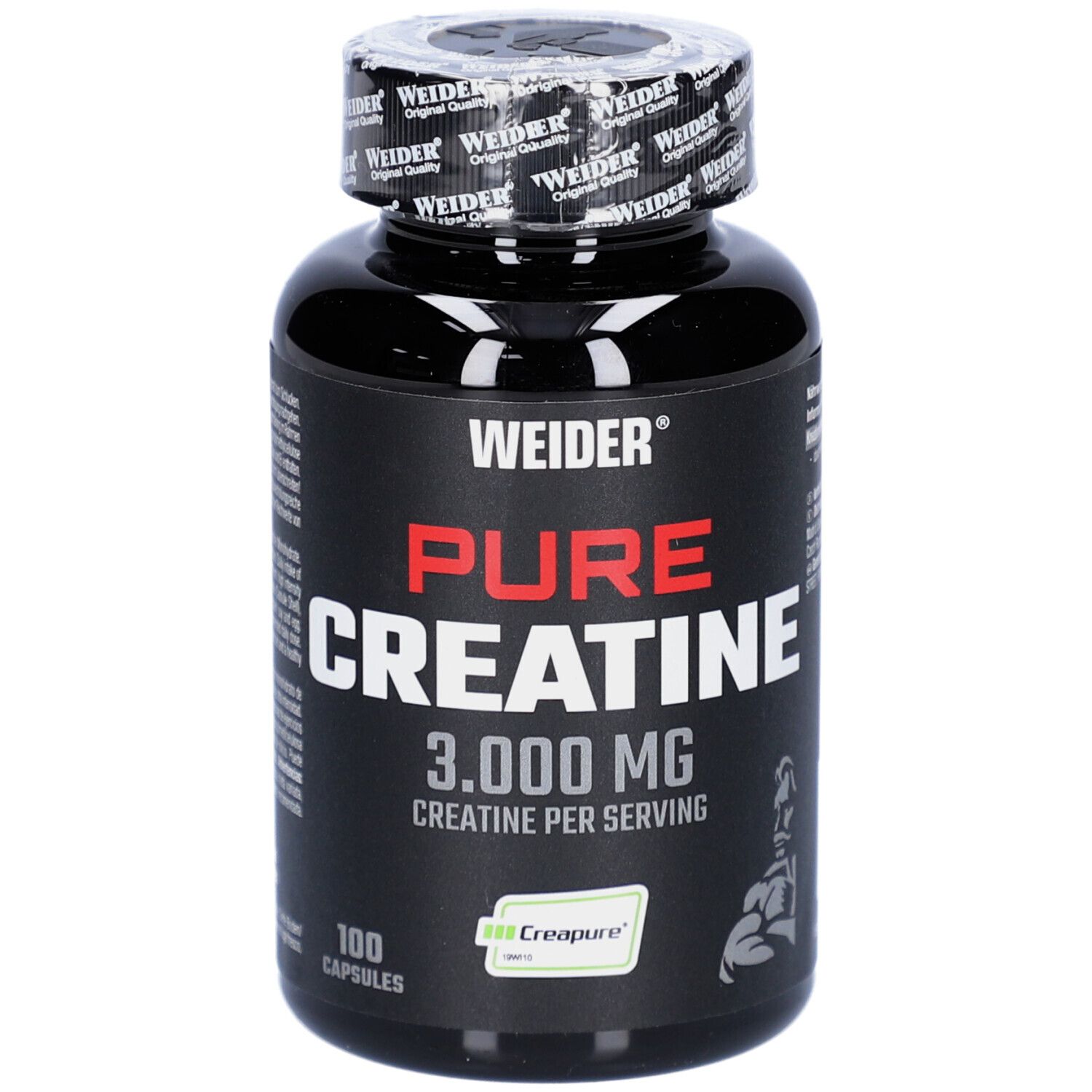 Schwarze Flasche mit Kapseln. Aufschrift: WEIDER, PURE CREATINE, 3.000 MG. 100 Kapseln. Creapure-Logo.