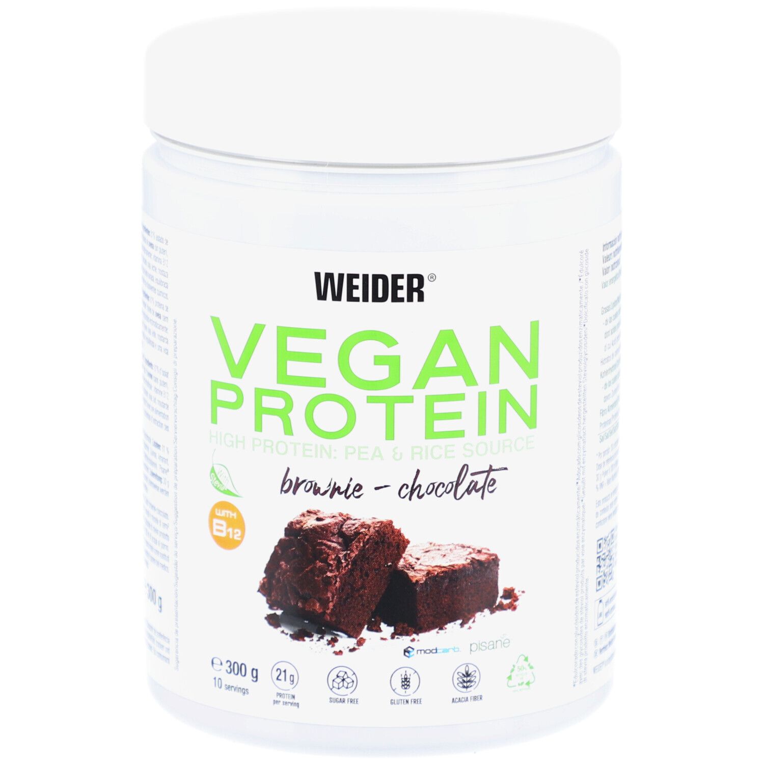 Weiße Dose mit Vegan Protein. Aufschrift: Vegan Protein Brownie-Chocolate. Abbildung von Brownie-Stücken. Enthält Vitamin B12.