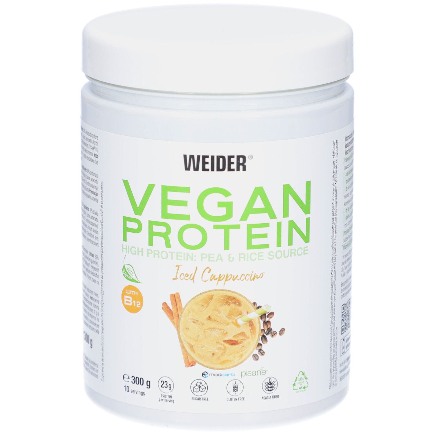 Weider Vegan Protein, Dose mit Iced Cappuccino-Aufdruck. Enthält B12. 300g, 10 Portionen. Zuckerfrei, glutenfrei.