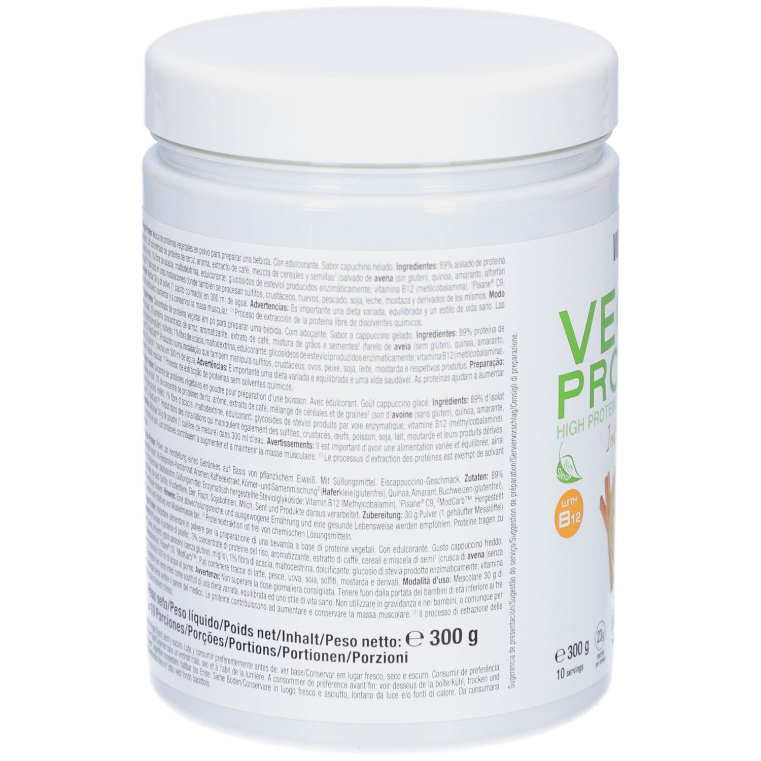 Rückseite der Weider Vegan Protein Dose. Text in mehreren Sprachen. Nährwertangaben, Zutatenliste, Warnhinweise.