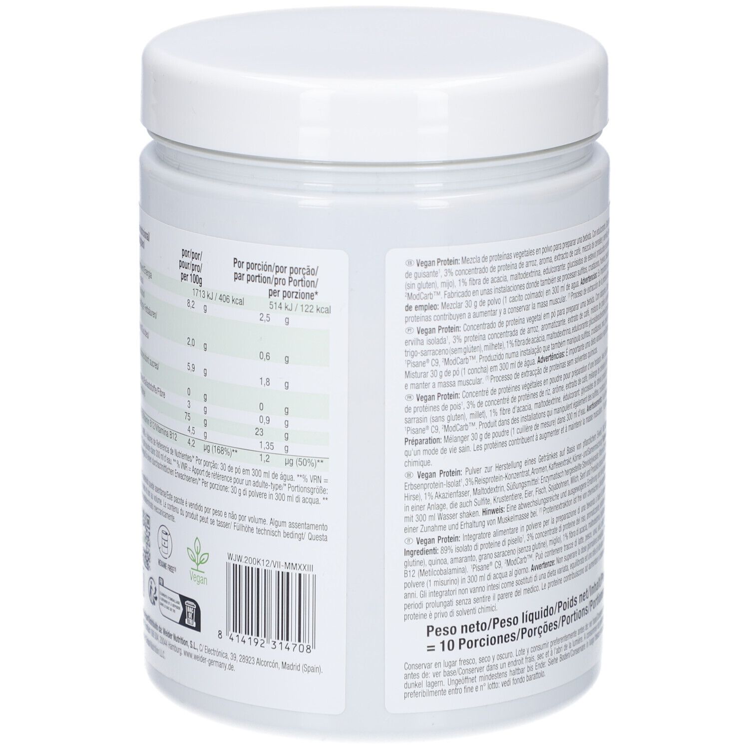 Rückseite der Weider Vegan Protein Dose. Nährwertangaben in mehreren Sprachen. Barcode und Zertifizierungen.