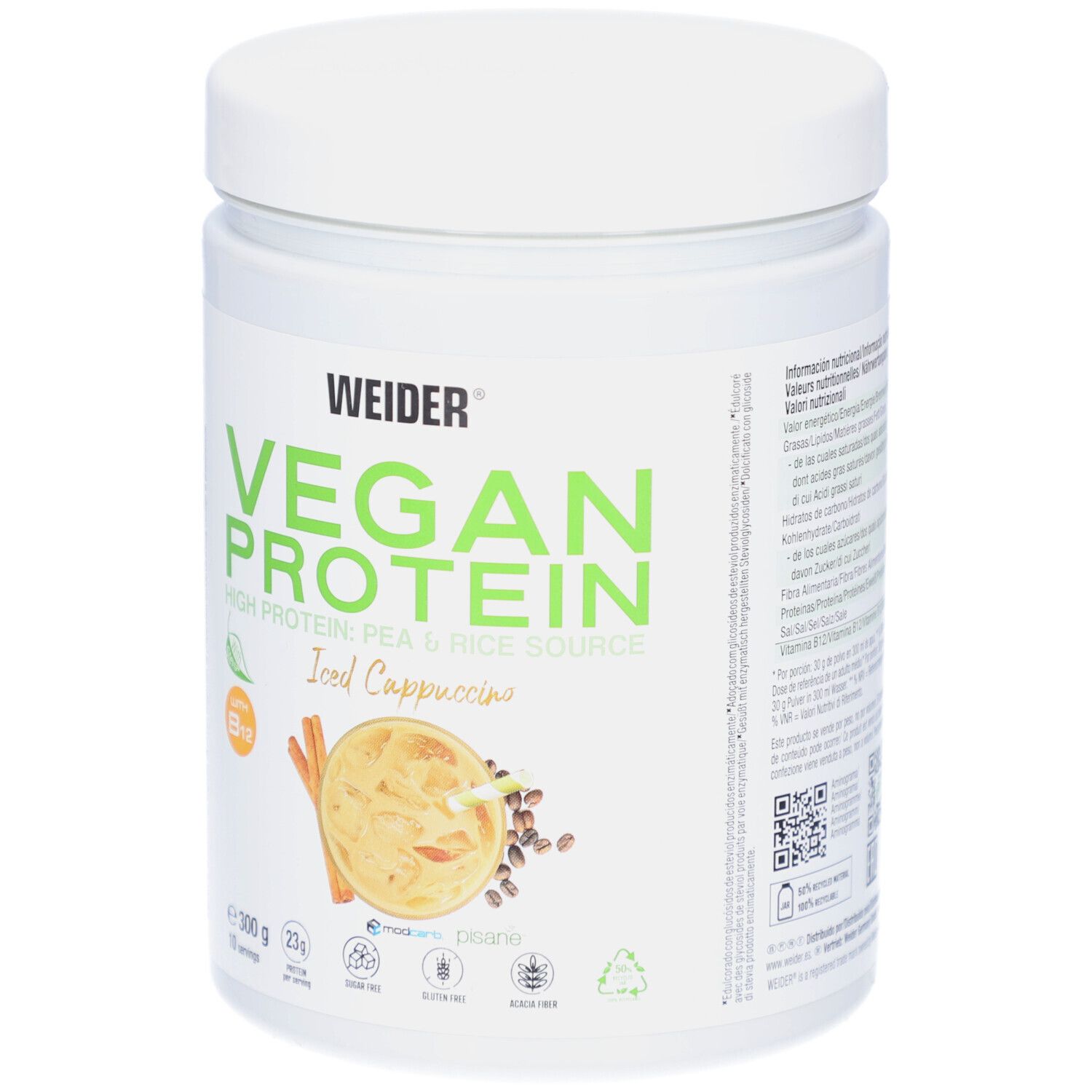 Weider Vegan Protein, Dose mit Iced Cappuccino-Aufdruck. Enthält B12. 300g, 10 Portionen. Zuckerfrei, glutenfrei.