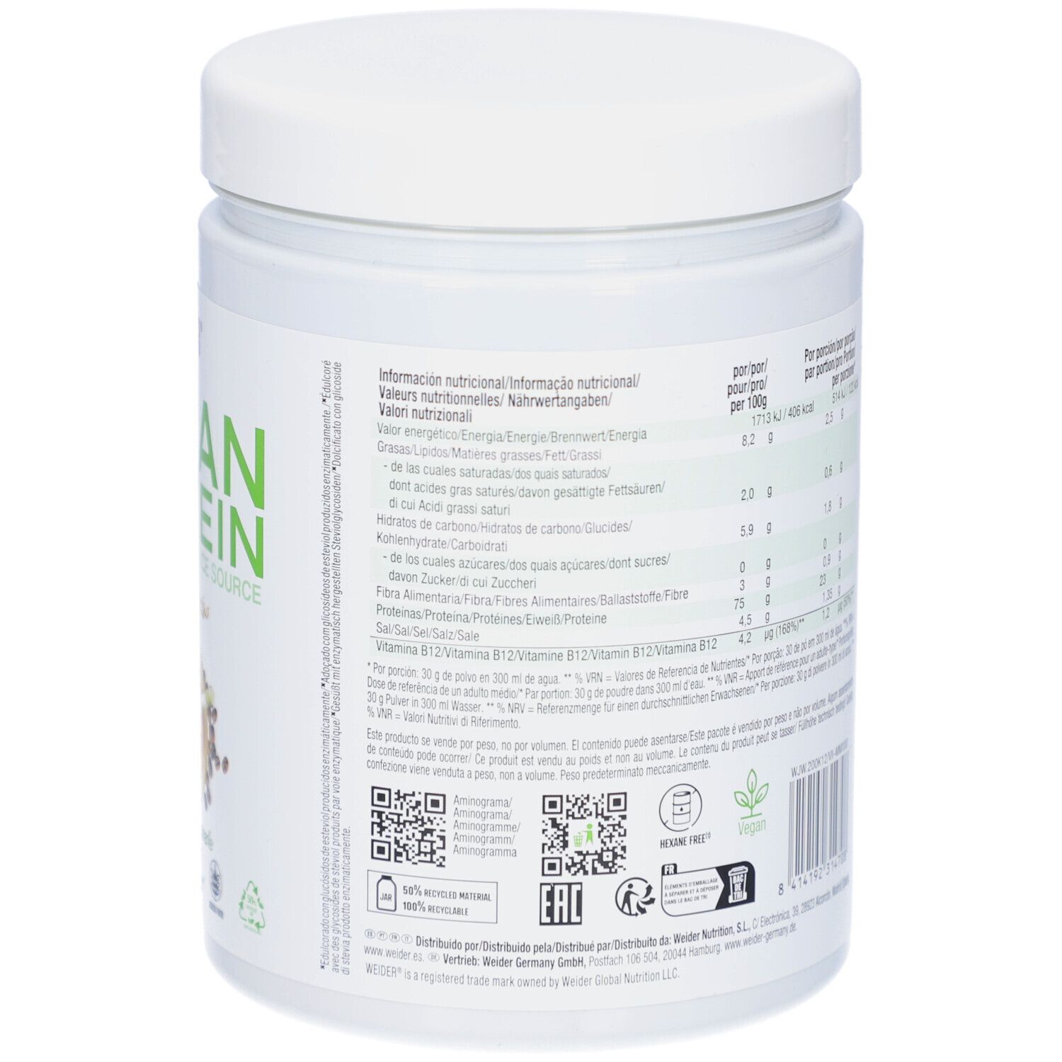 Rückseite der Weider Vegan Protein Dose. Nährwertangaben in mehreren Sprachen. QR-Code und Zertifizierungen.